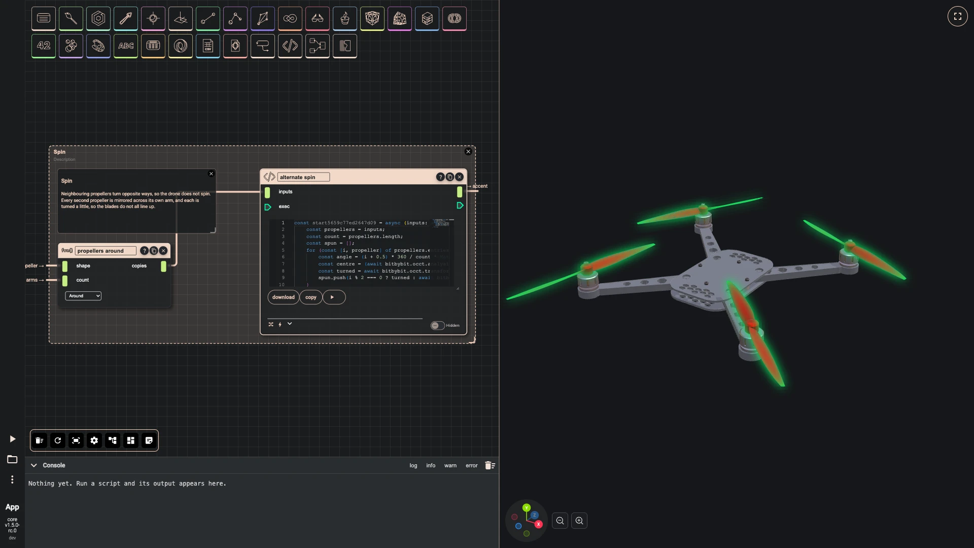 Build a drone, arms around the frame: Neighbouring propellers turn opposite ways, so the drone does not spin.