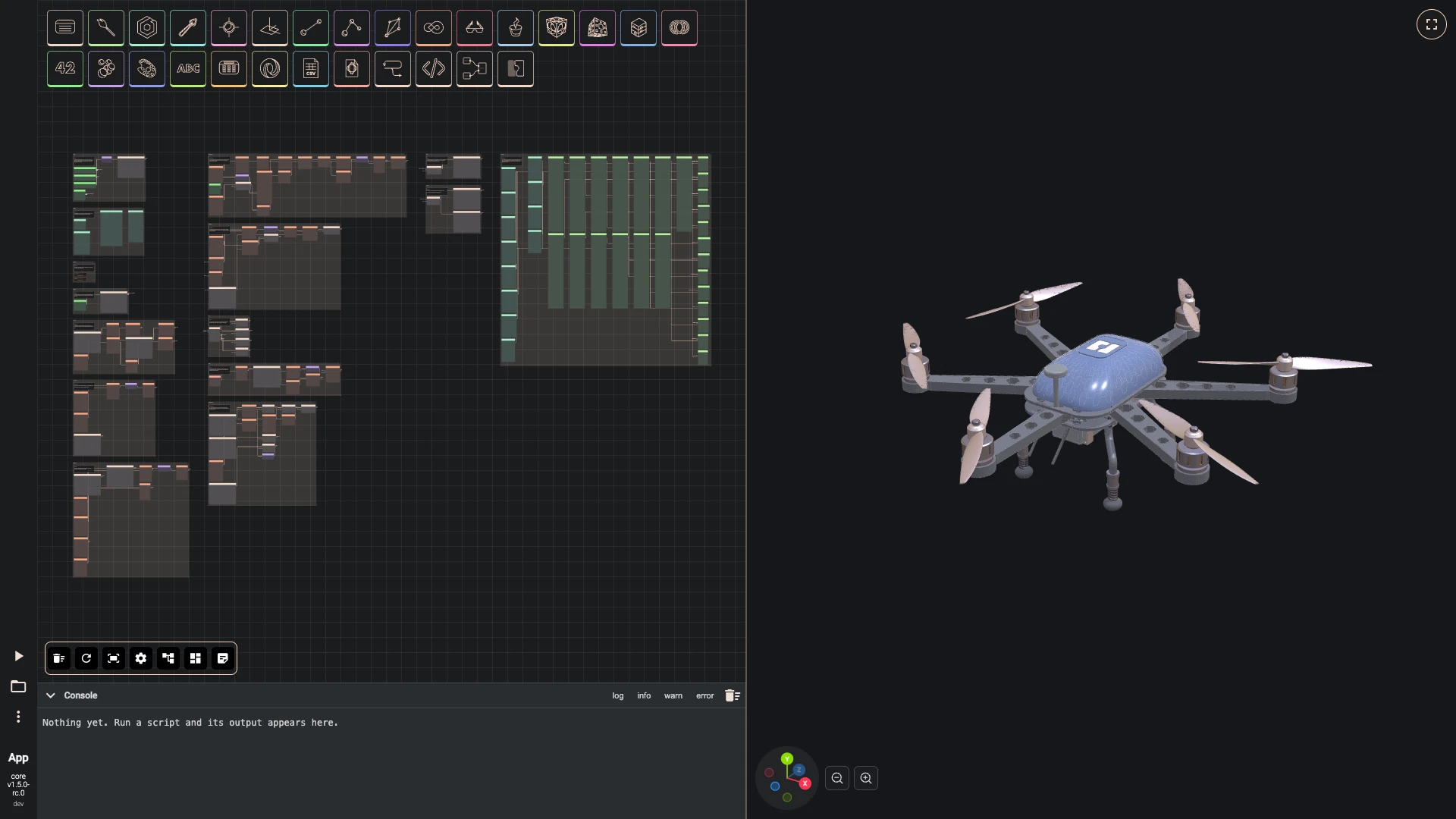 Build a drone, payload and sliders: Move the sliders: six arms rebuild the drone, every Around follows the arms slider, and the propeller shrinks to fit between its neighbours.