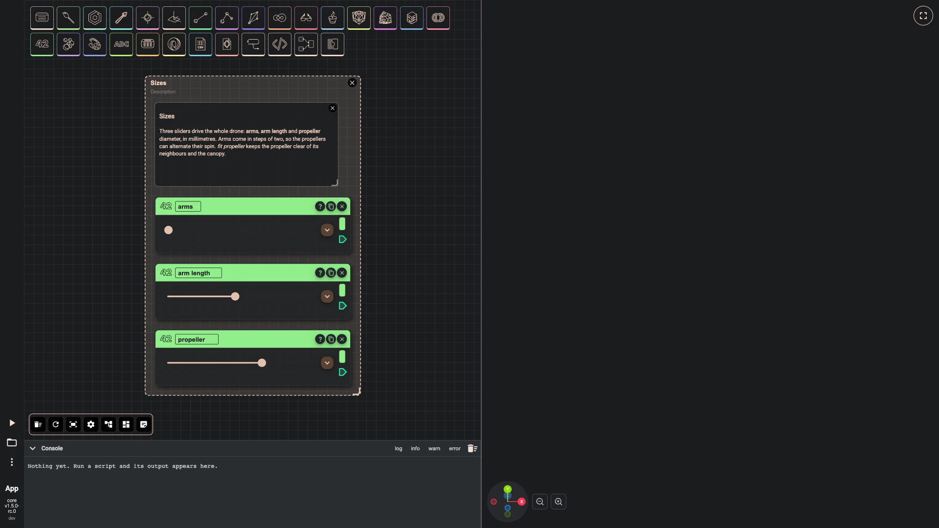 Build a drone, sliders and the frame: Three number sliders hold the drone's sizes.