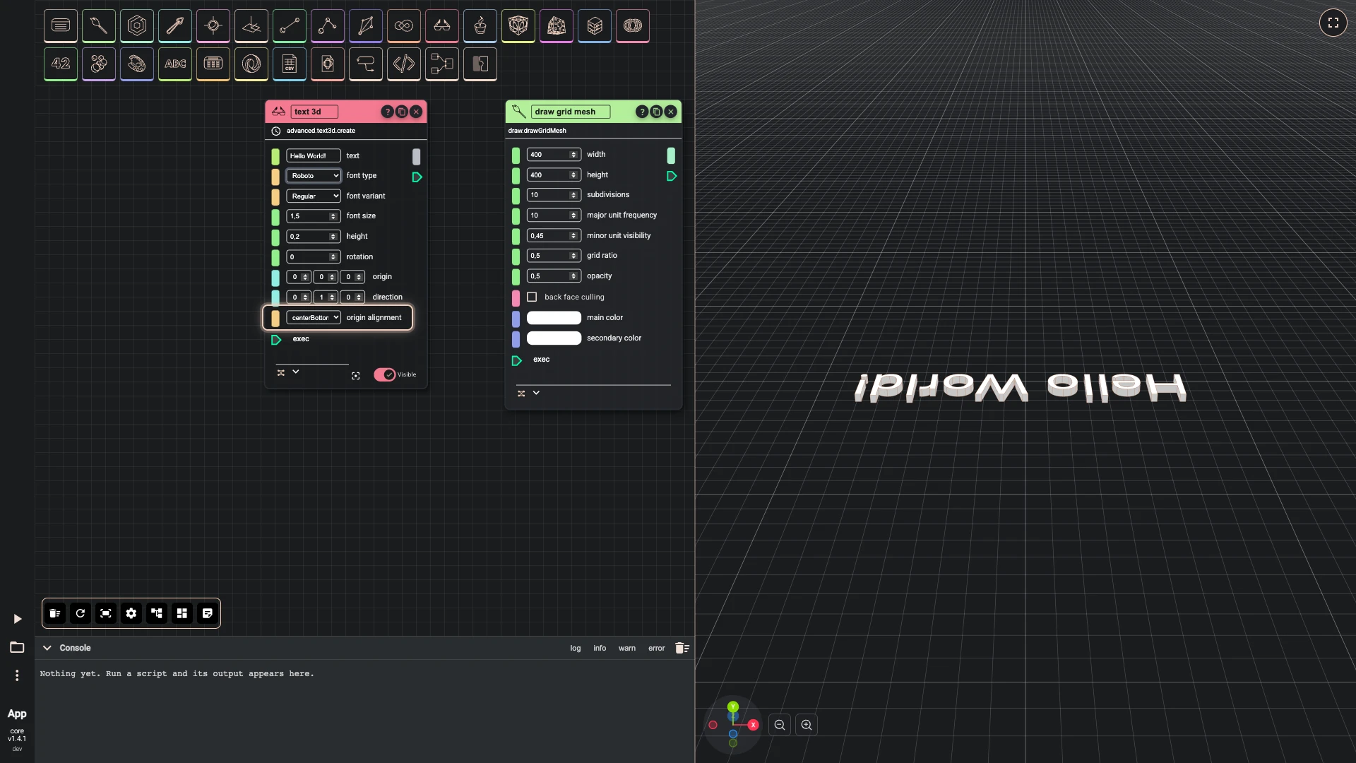 Hello World in 3D, step 5 in the Rete editor: the origin alignment field of text set to centerBottom, and the 3D view updated