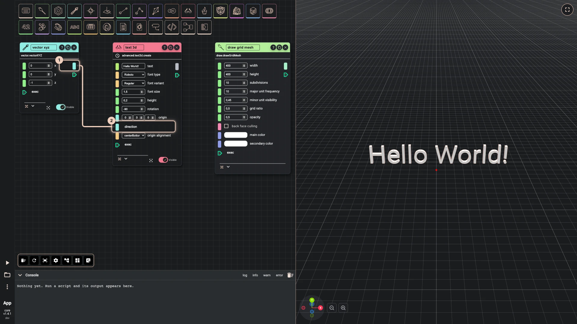 Hello World in 3D, step 9 in the Rete editor: a wire from direction into text's direction, its field hidden now that the wire gives the value