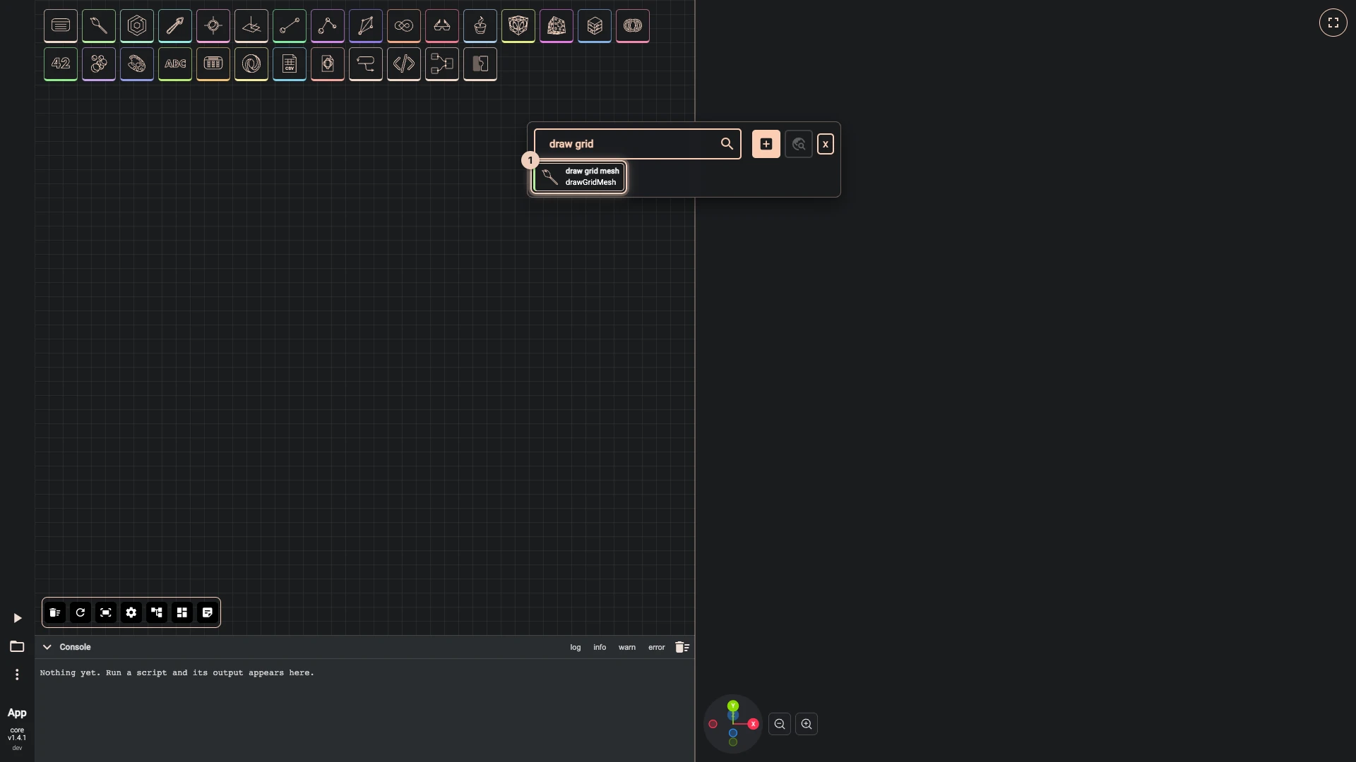 Hello World in 3D, step 1 in the Rete editor: the search opened by a right-click on the canvas, with draw grid typed and draw grid mesh ringed among the results