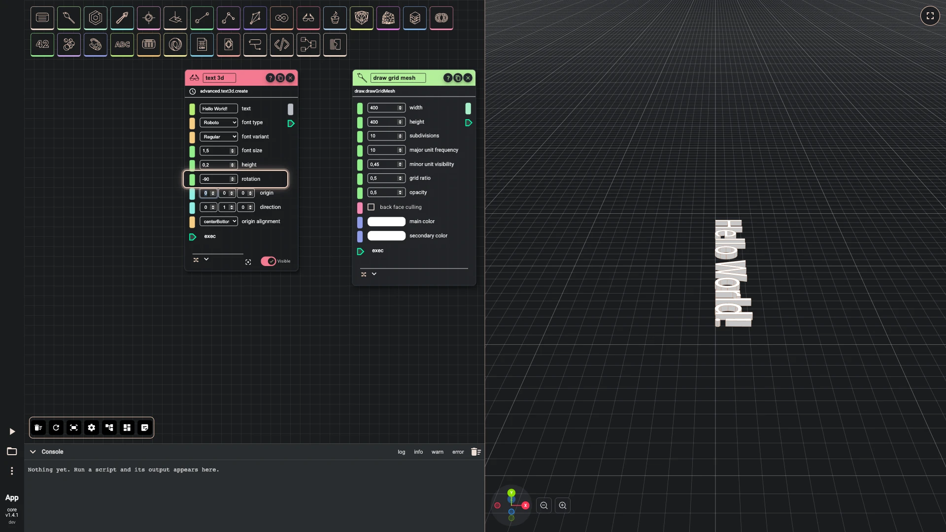 Hello World in 3D, step 6 in the Rete editor: the rotation field of text set to -90, and the 3D view updated
