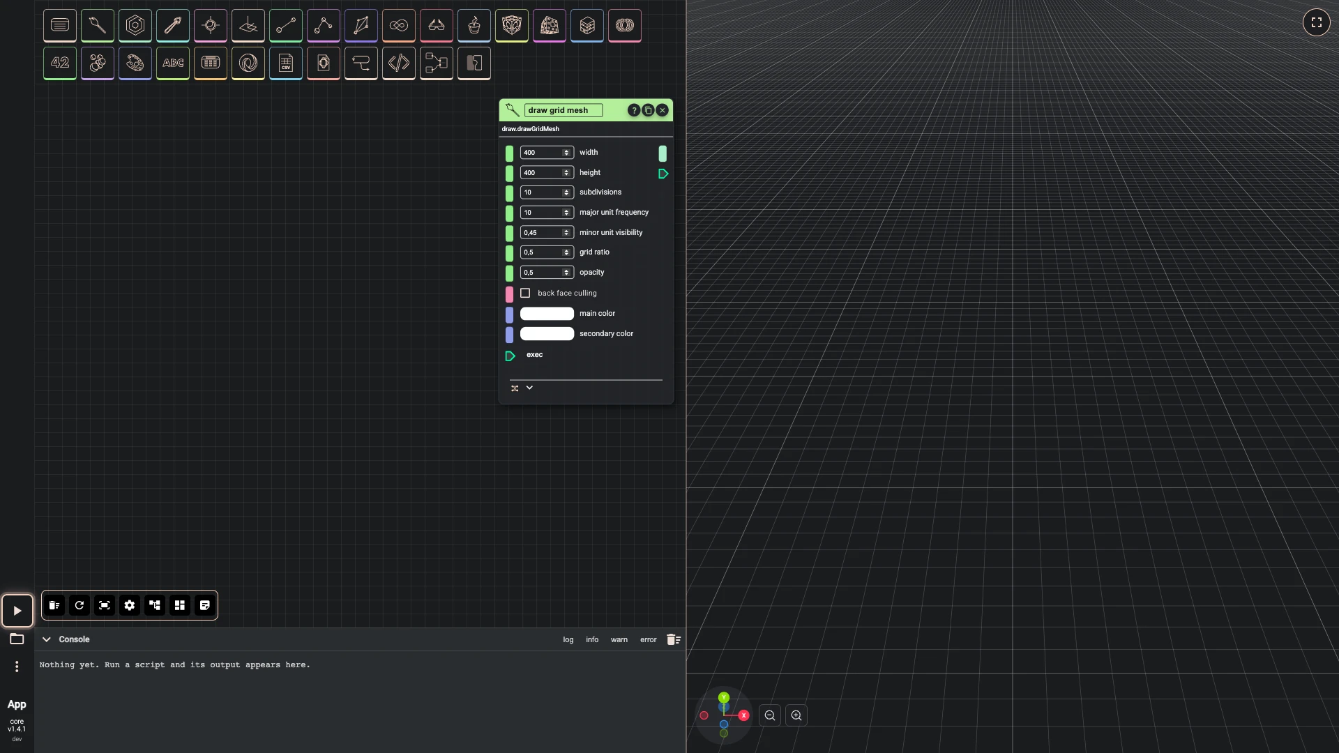 Hello World in 3D, step 2 in the Rete editor: Run The Code pressed and the result drawn in the 3D view beside the canvas