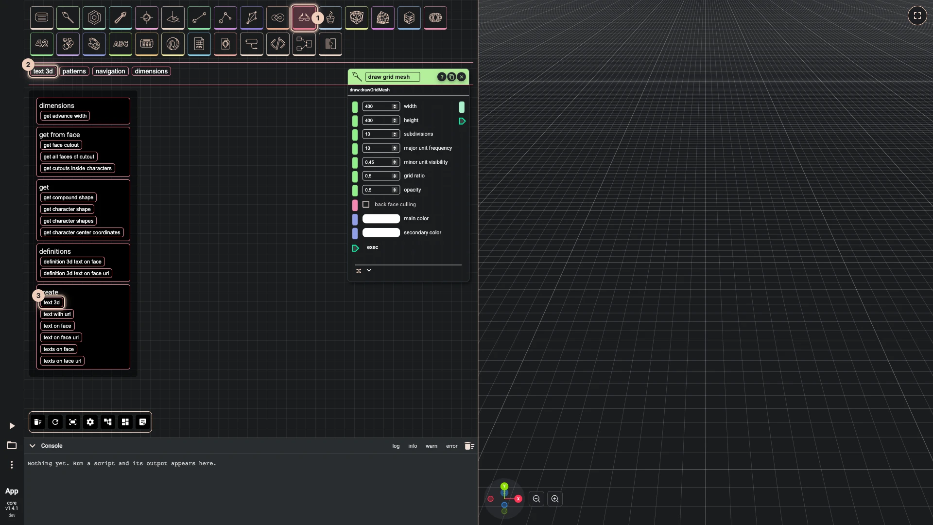 Hello World in 3D, step 3 in the Rete editor: the palette open at advanced, text 3d, the way there numbered and text 3d ringed among the components