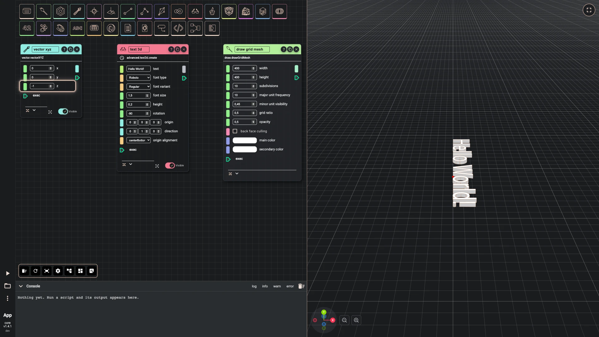 Hello World in 3D, step 8 in the Rete editor: the z field of direction set to -1, and the 3D view updated