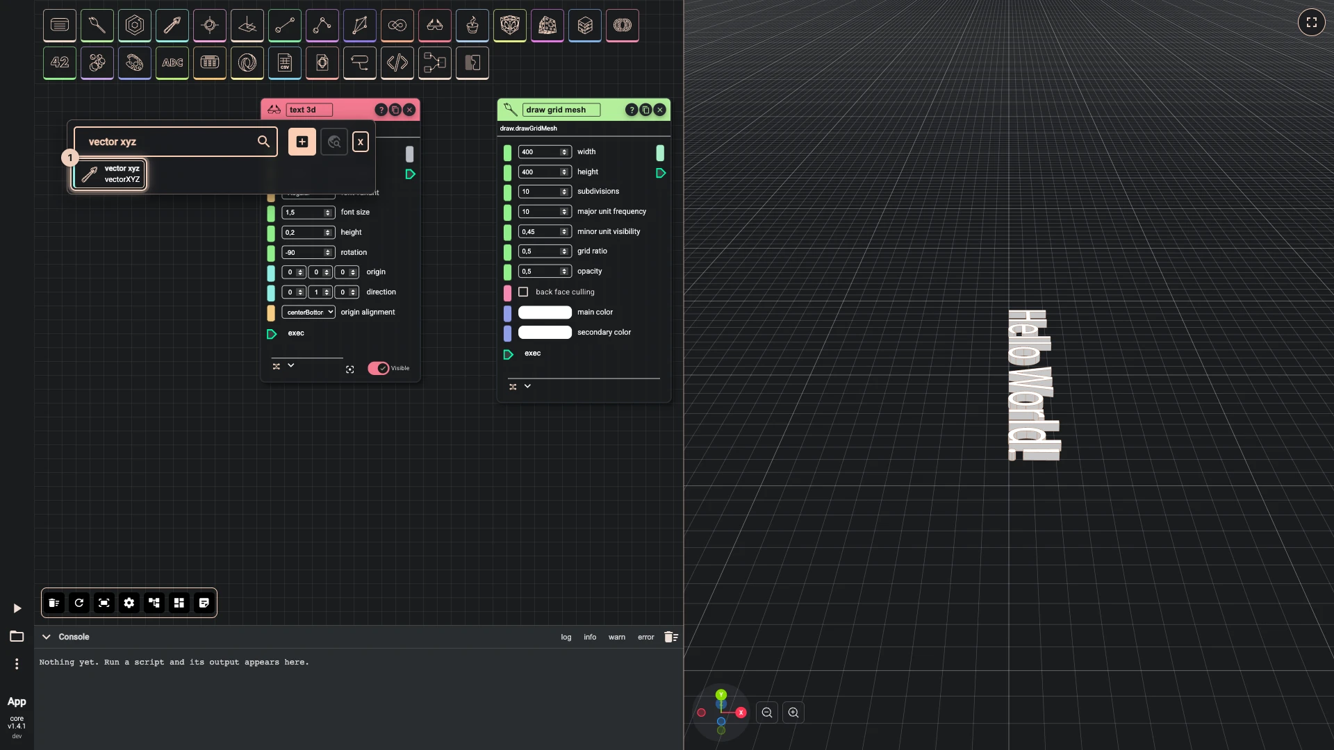 Hello World in 3D, step 7 in the Rete editor: the search opened by a right-click on the canvas, with vector xyz typed and vector xyz ringed among the results