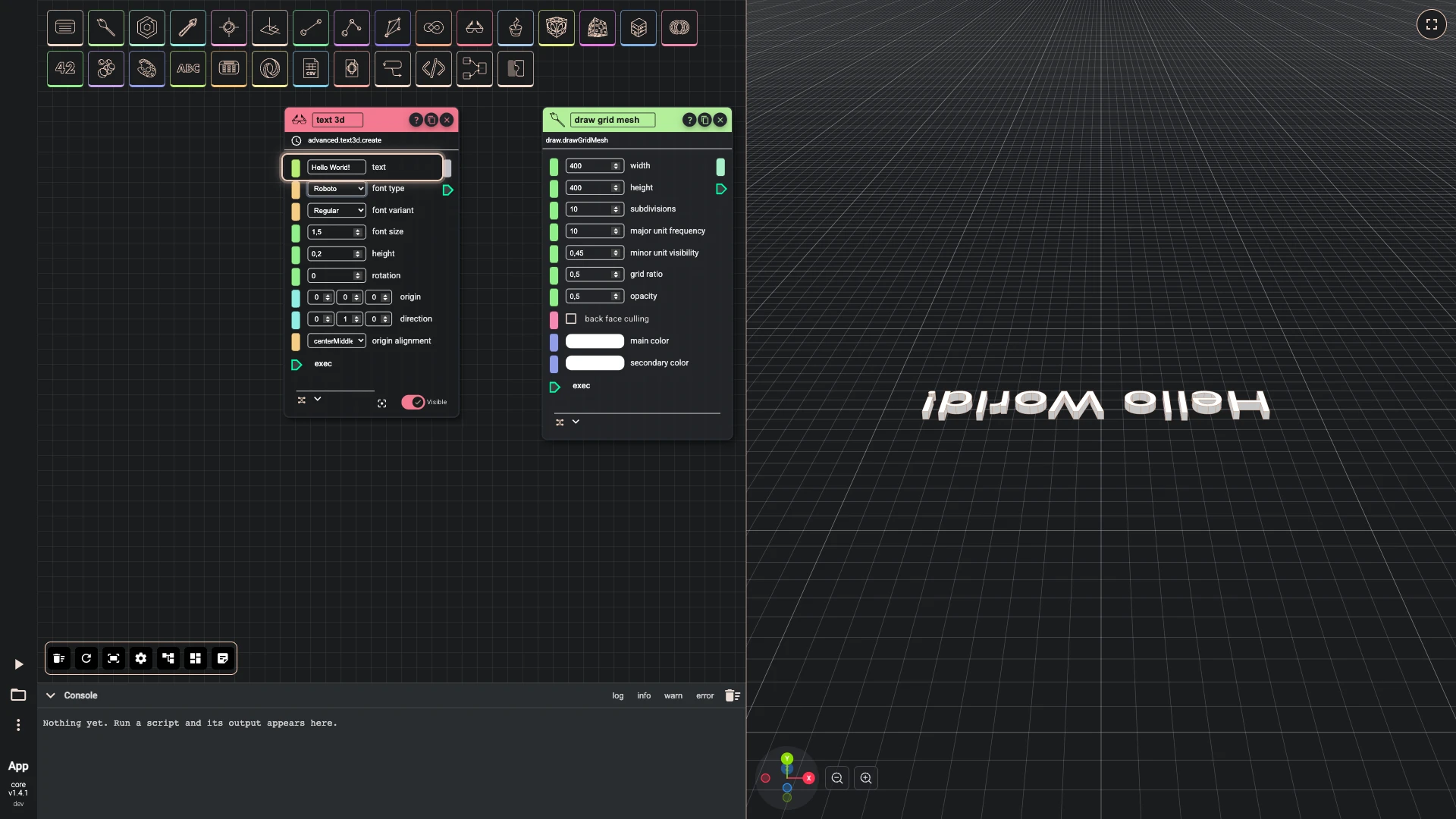Hello World in 3D, step 4 in the Rete editor: the text field of text set to Hello World!, and the 3D view updated