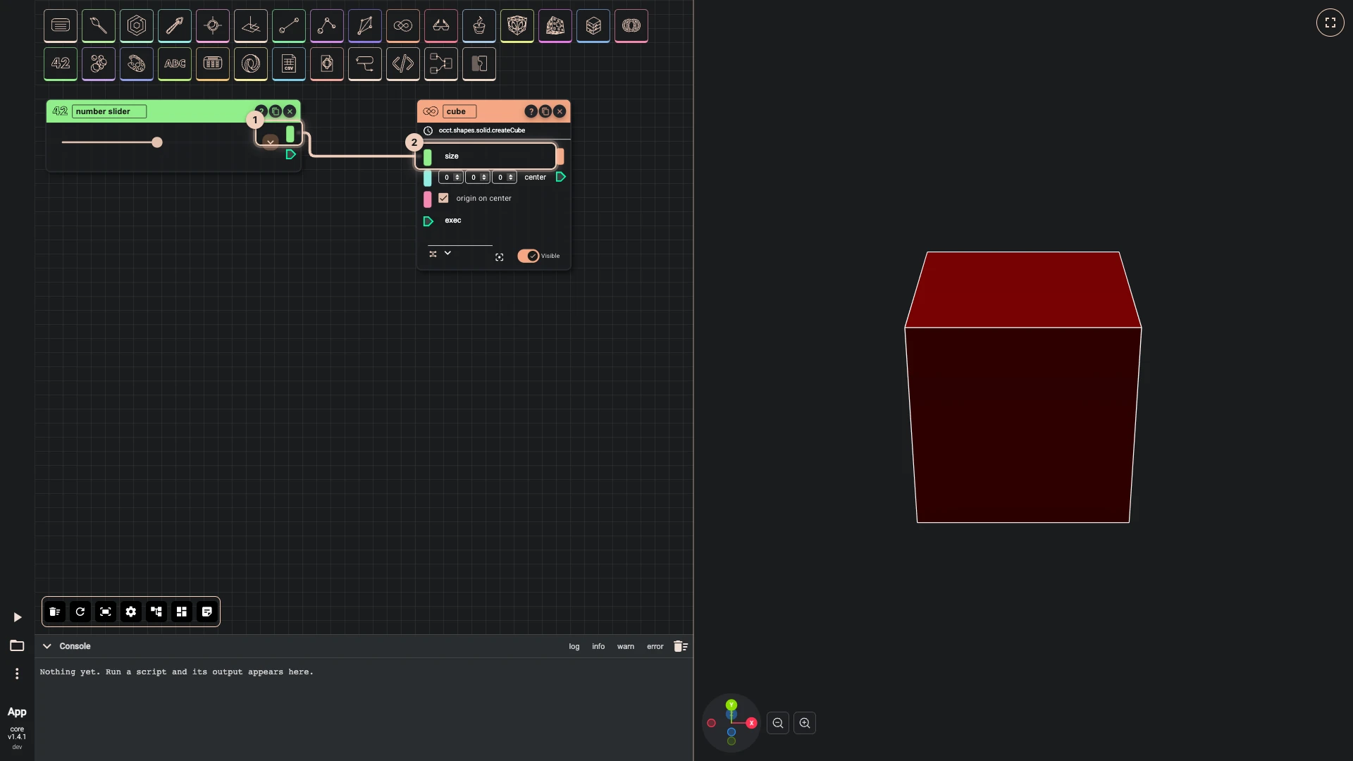 A cube a slider sizes, step 4 in the Rete editor: a wire from slider into cube's size, its field hidden now that the wire gives the value