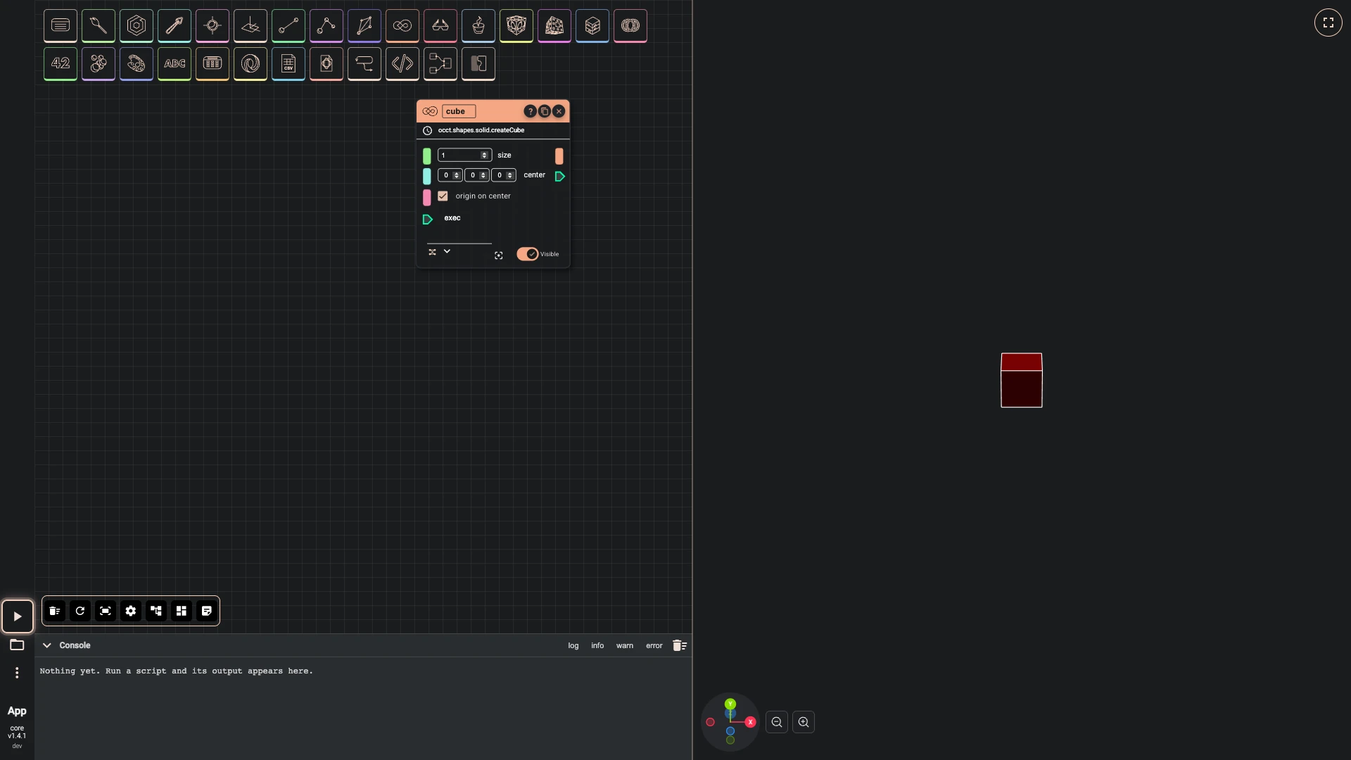 A cube a slider sizes, step 2 in the Rete editor: Run The Code pressed and the result drawn in the 3D view beside the canvas