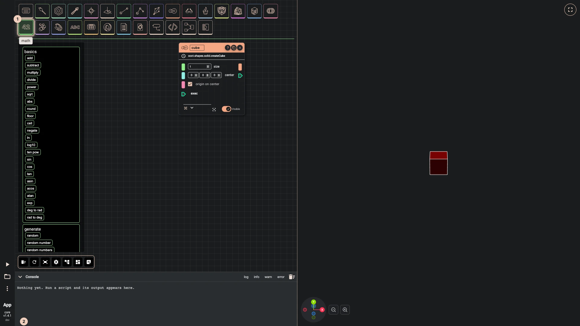 A cube a slider sizes, step 3 in the Rete editor: the palette open at math, the way there numbered and number slider ringed among the components