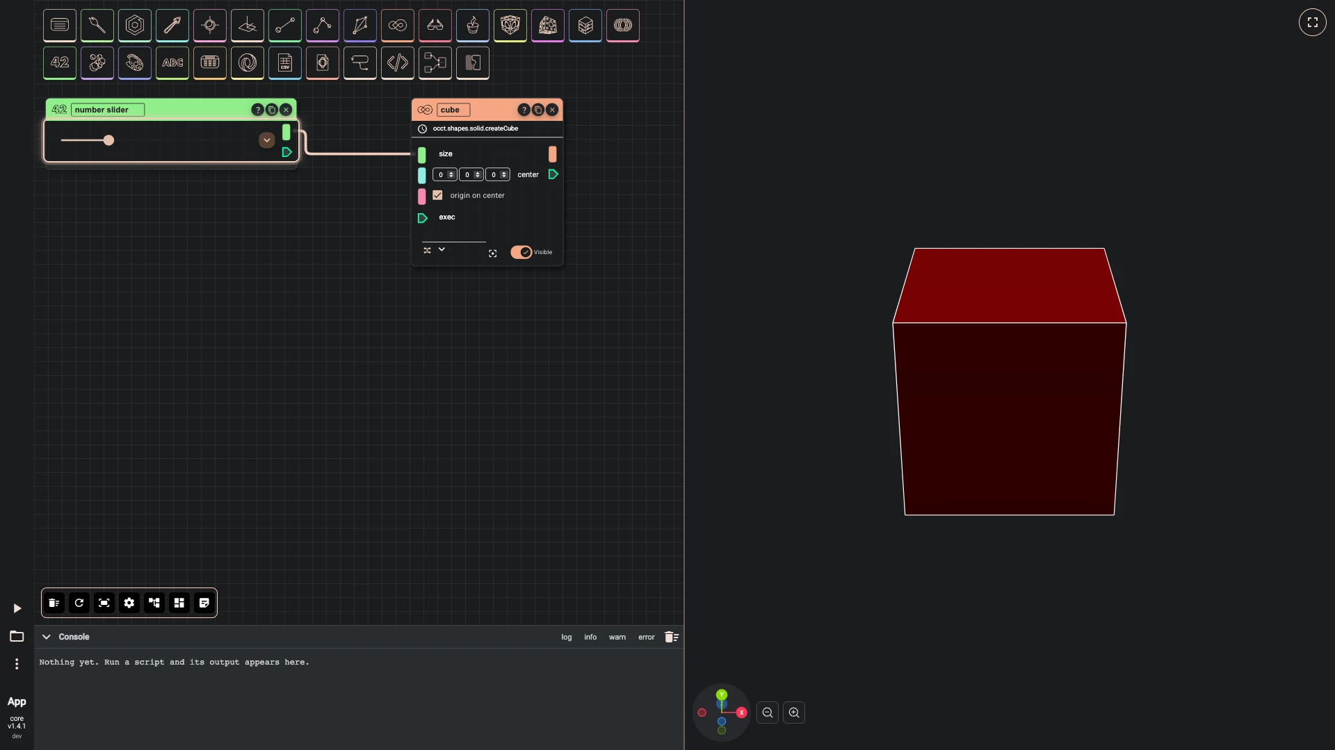 A cube a slider sizes, step 5 in the Rete editor: the number field of slider set to 2.5, and the 3D view updated