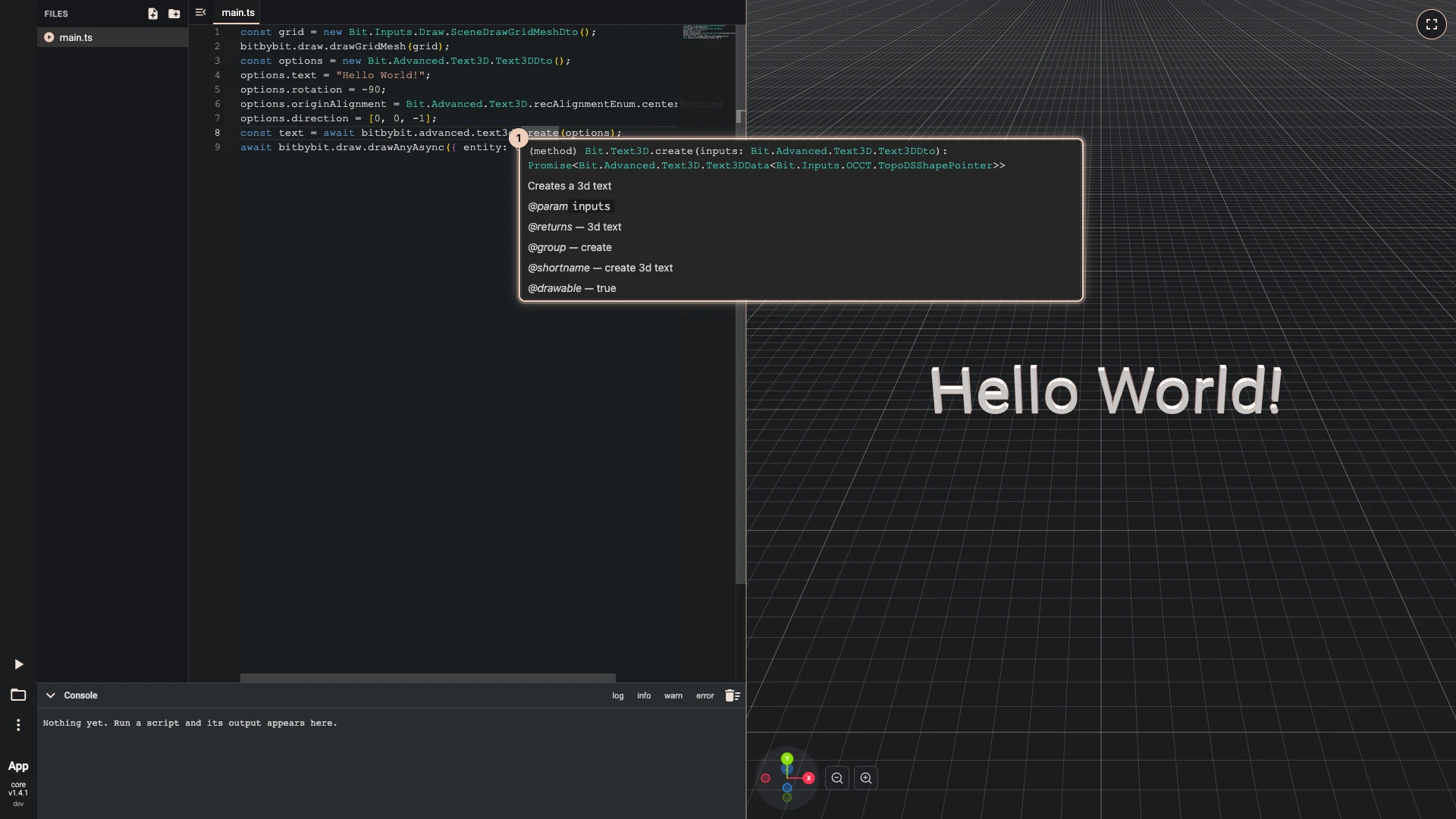 The pointer resting on create in bitbybit.advanced.text3d.create: a hover shows what the function takes and gives back, and what it does