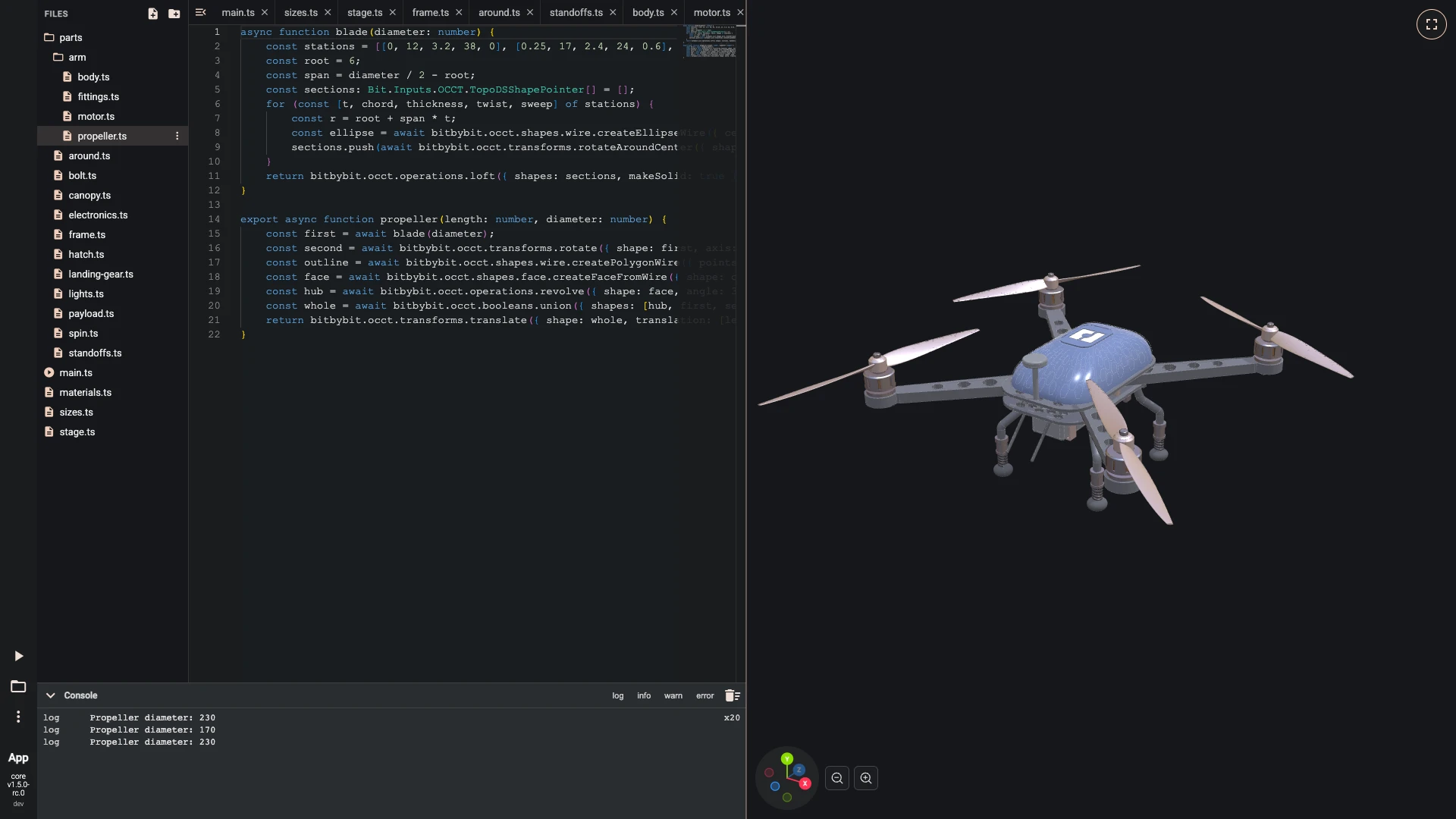 The drone in the TypeScript editor: the script's files in their folders, the propeller's file open, and the drone they build beside it