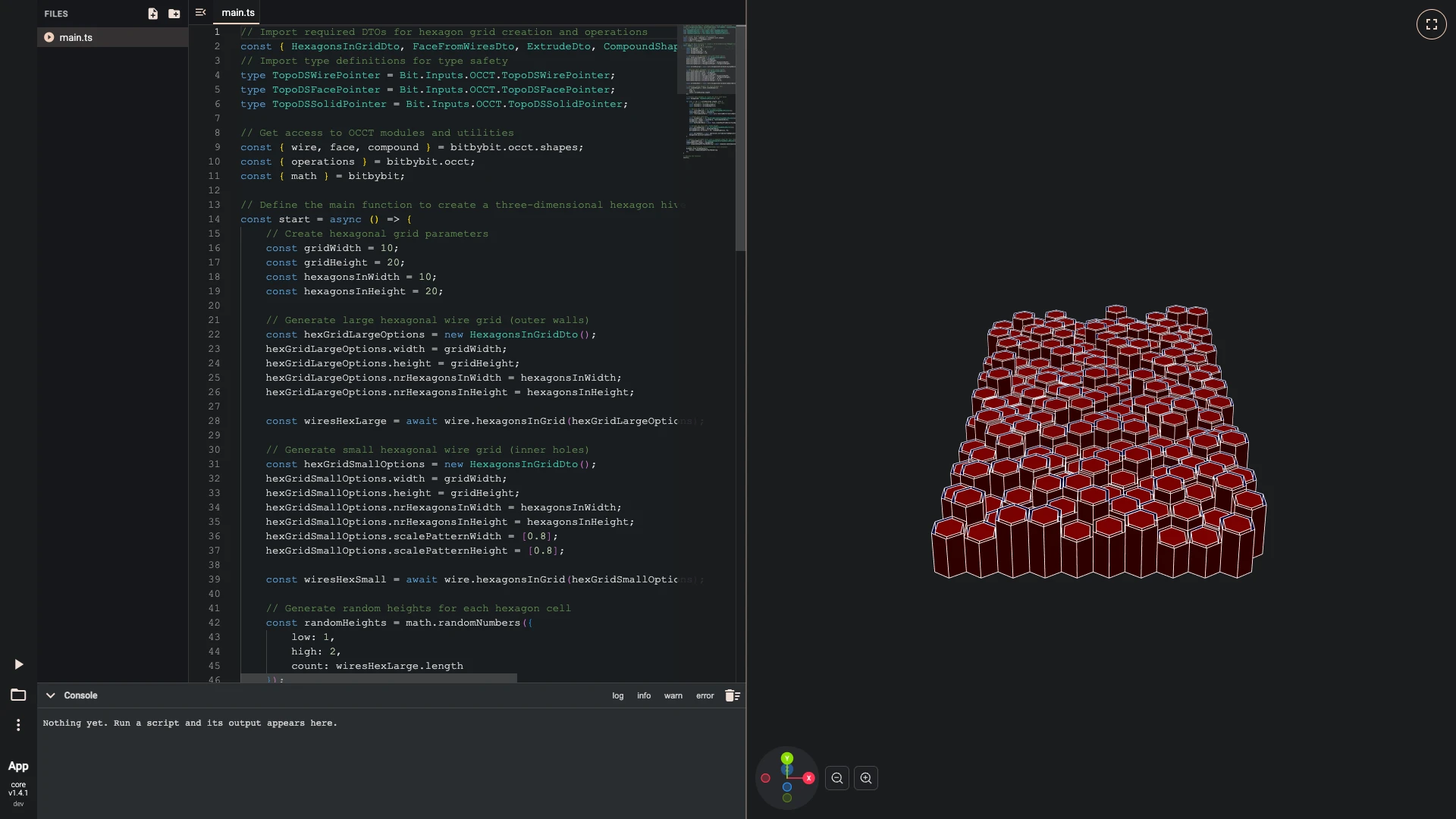 The hexagon hive showcase in the TypeScript editor: its code in main.ts, and the model it builds in the 3D view beside it
