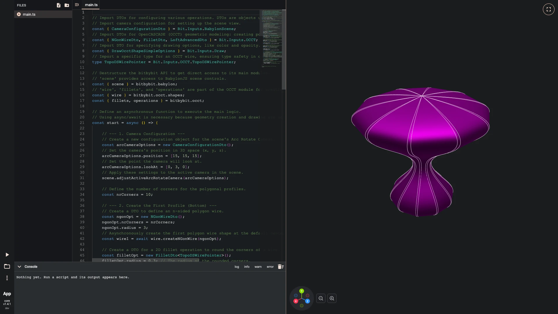 The advanced loft showcase in the TypeScript editor: its code in main.ts, and the model it builds in the 3D view beside it