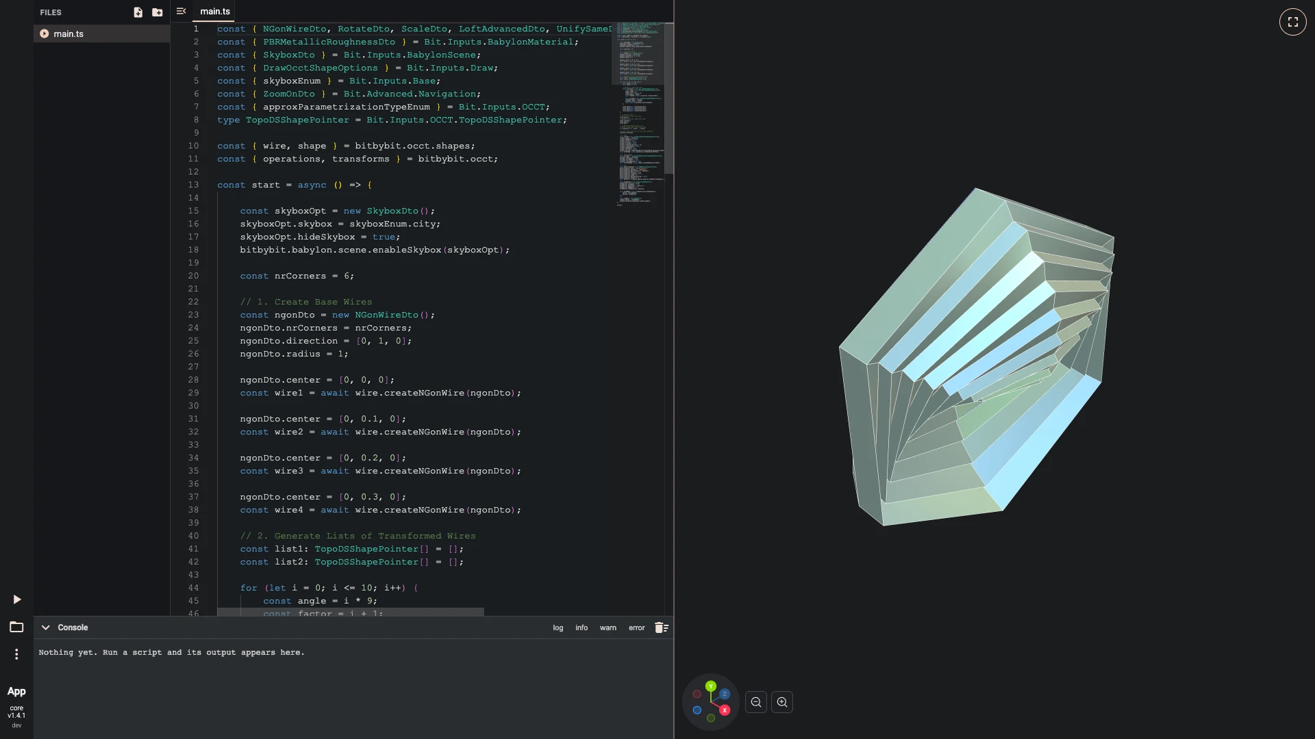 The twisted polygon ornament showcase in the TypeScript editor: its code in main.ts, and the model it builds in the 3D view beside it