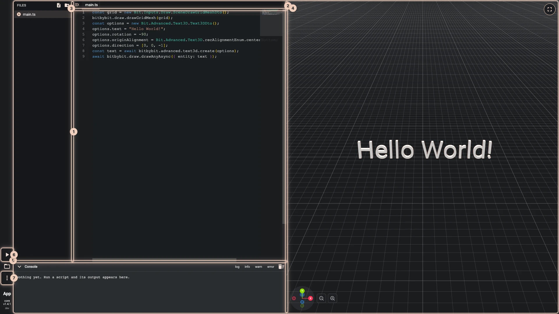 The TypeScript editor with the Hello World script: the files of the script with New file and New folder, the open file's tab, the code, the 3D text in the 3D view, the console, Run The Code and More, numbered as the tour explains them