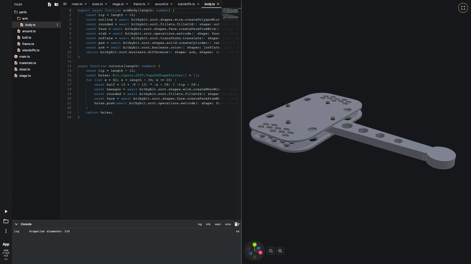 Build a drone in the TypeScript editor, one arm: An arm and everything on it get a folder, parts/arm.