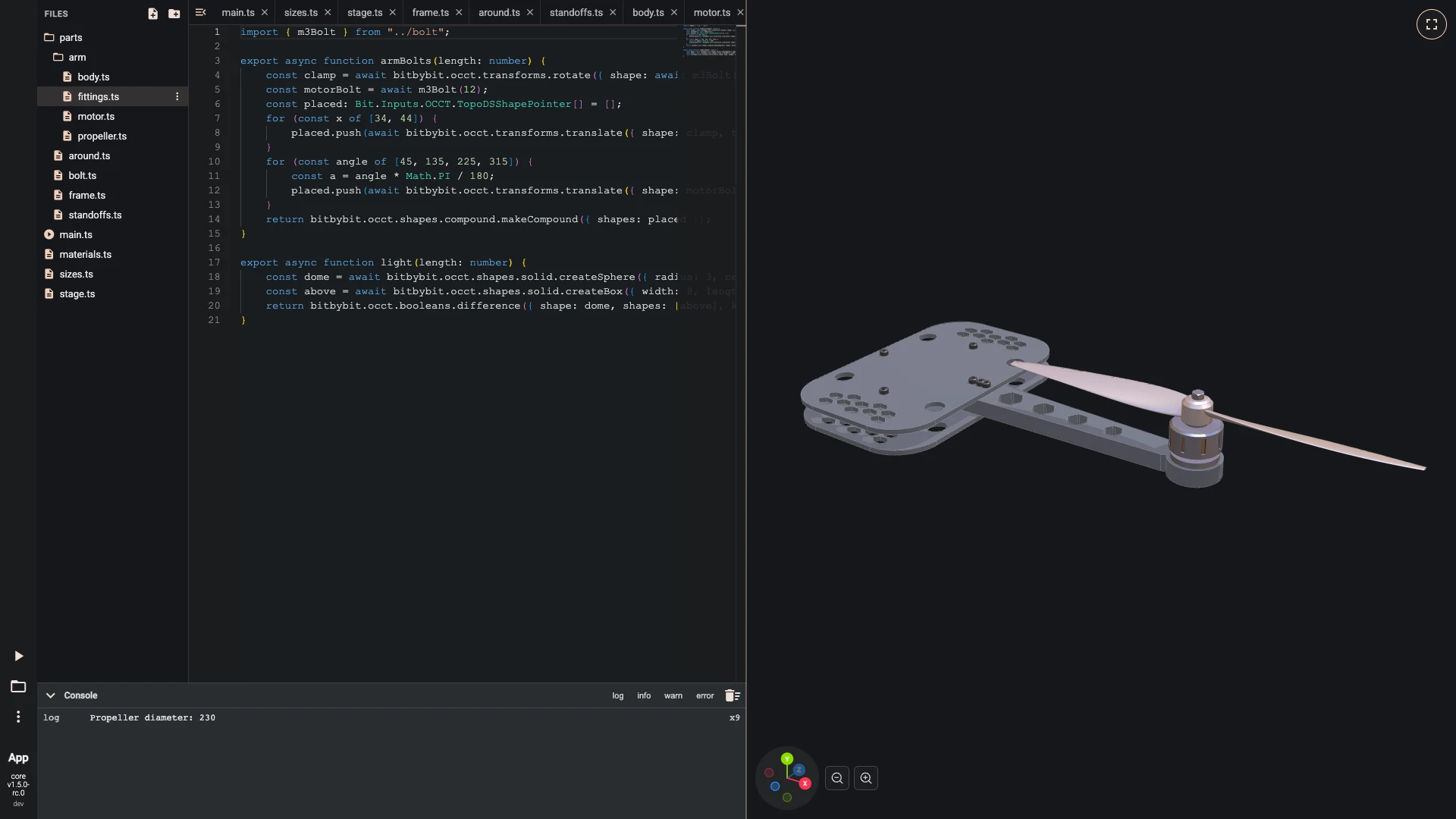 Build a drone in the TypeScript editor, one arm: Six bolts hold the arm, two clamping it between the plates and four fixing the motor from below, all the M3 bolt from parts/bolt.ts; a file one folder down imports it with ../bolt.