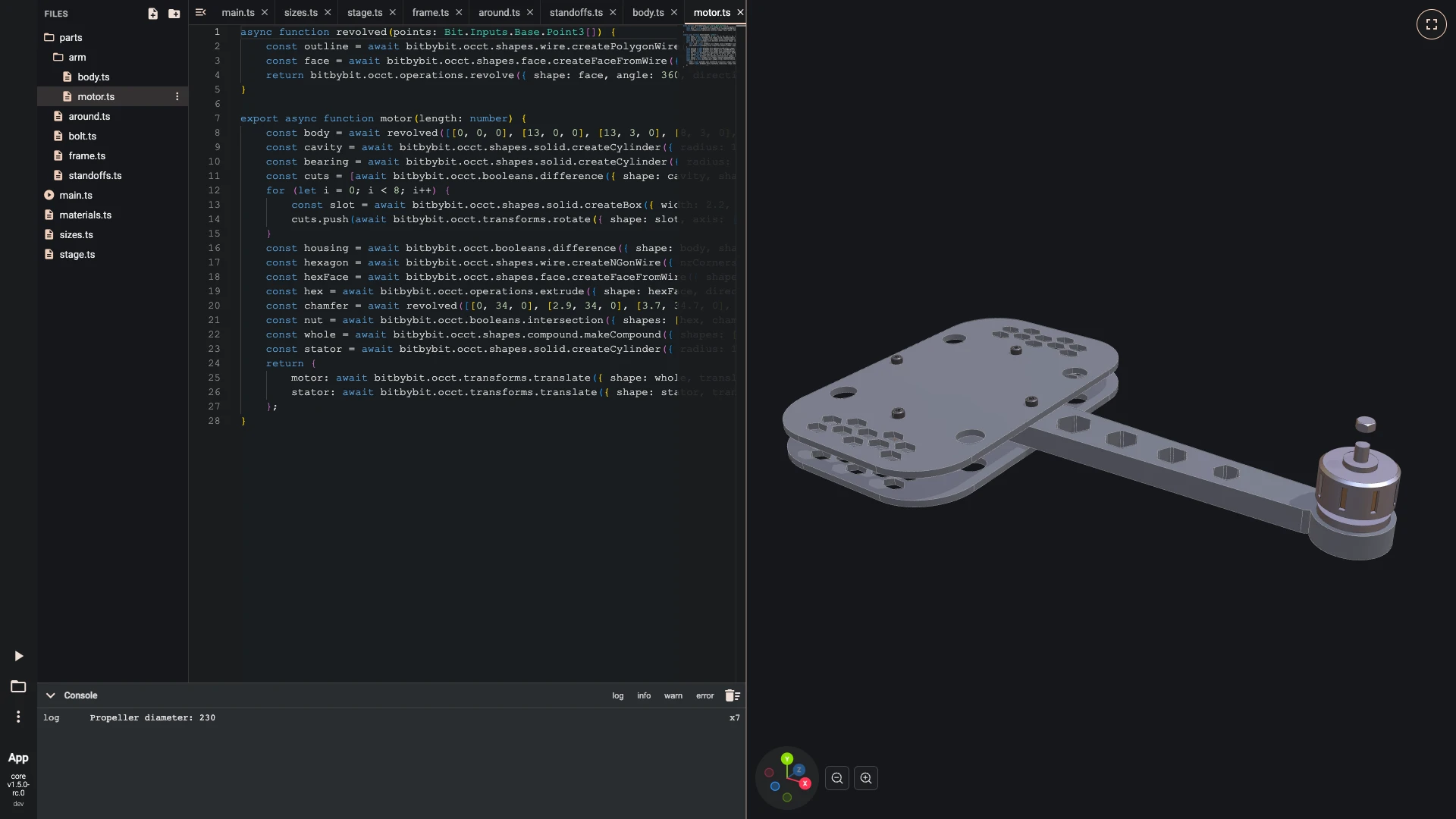 Build a drone in the TypeScript editor, one arm: The motor's body is a profile revolved around its shaft, with a cavity and eight cooling slots cut away and the propeller nut on top.