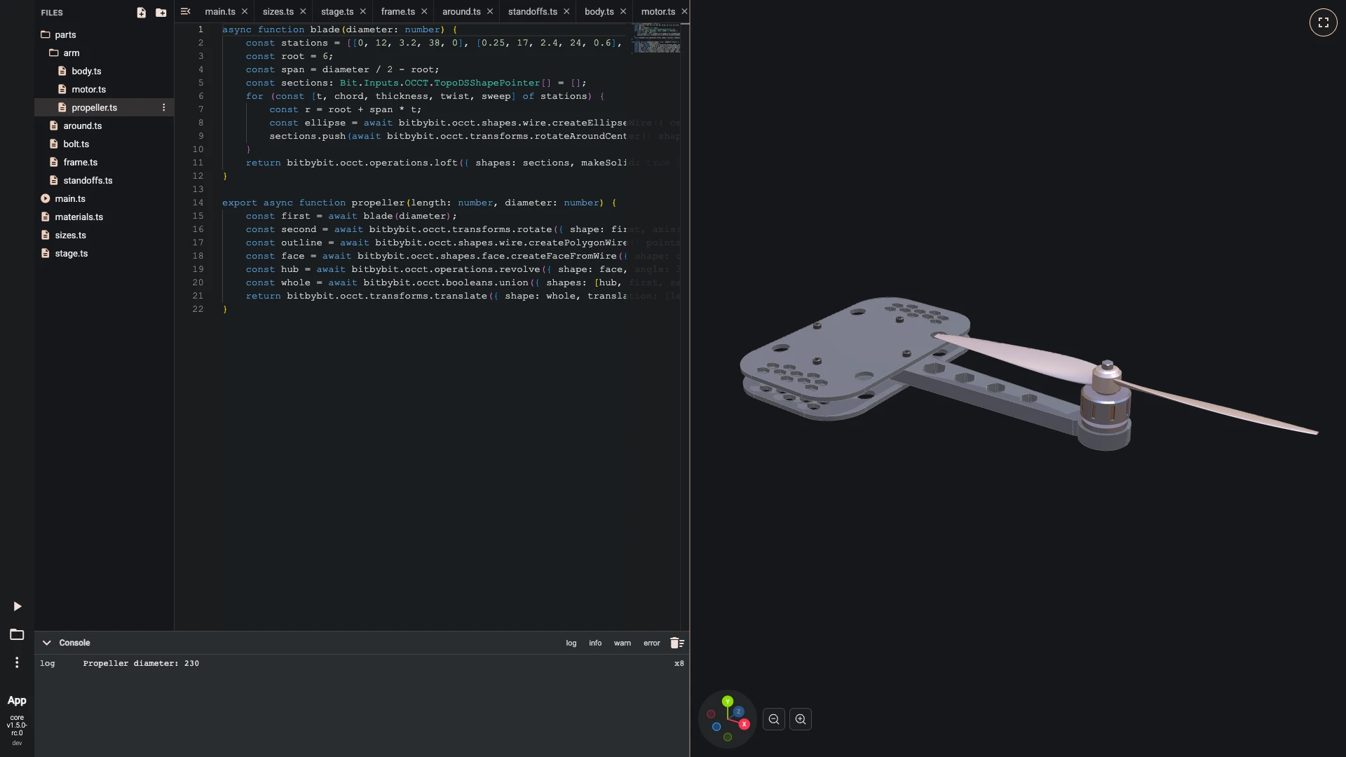 Build a drone in the TypeScript editor, one arm: A blade is lofted through five twisted ellipses, from a thick root to a thin, swept tip; the stations are numbers in a list, and the loop turns each into a section.