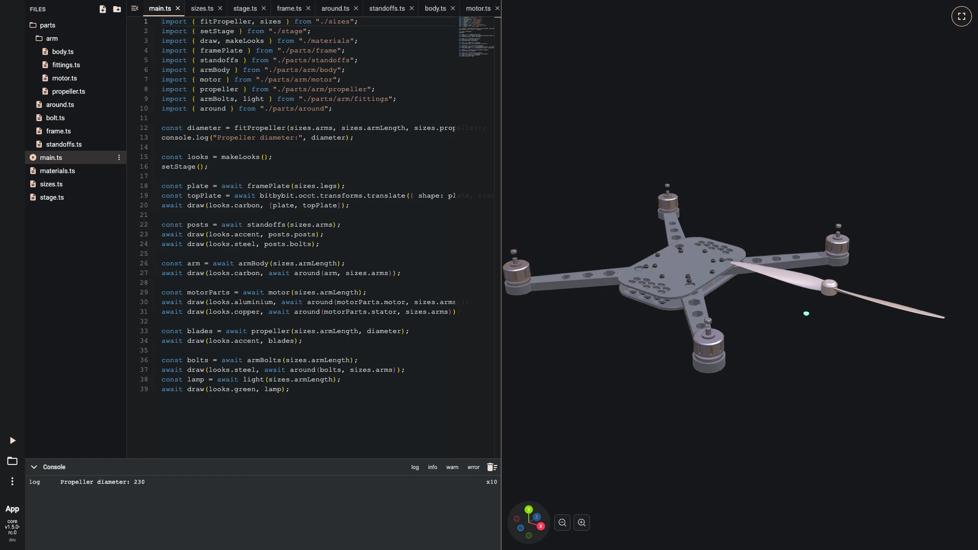 Build a drone in the TypeScript editor, arms around the frame: around makes the one arm into as many as sizes.arms says: wrap each part's shape in it, and the arm, the motor, the stator and the bolts stand around the frame.