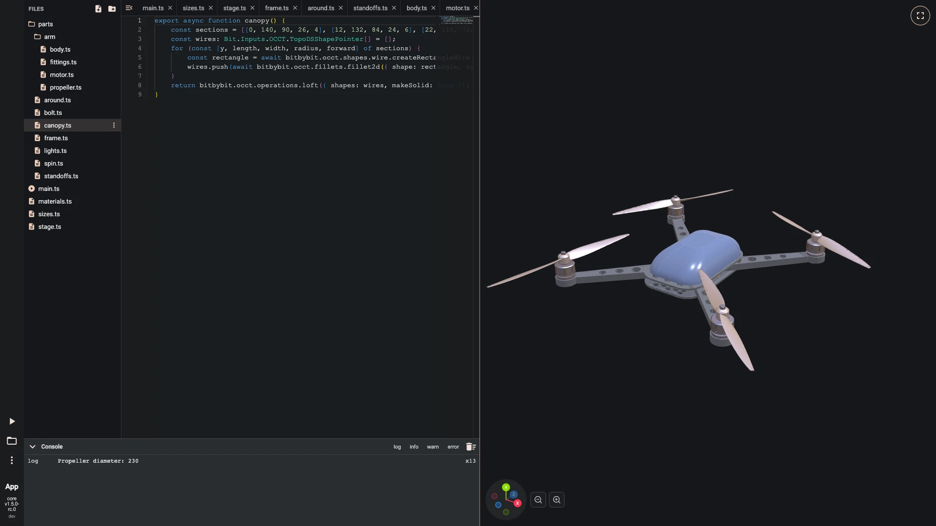 Build a drone in the TypeScript editor, canopy and electronics: The canopy is lofted through five rounded rectangles that narrow as they rise; a list of numbers gives each one's height, size and corner radius.