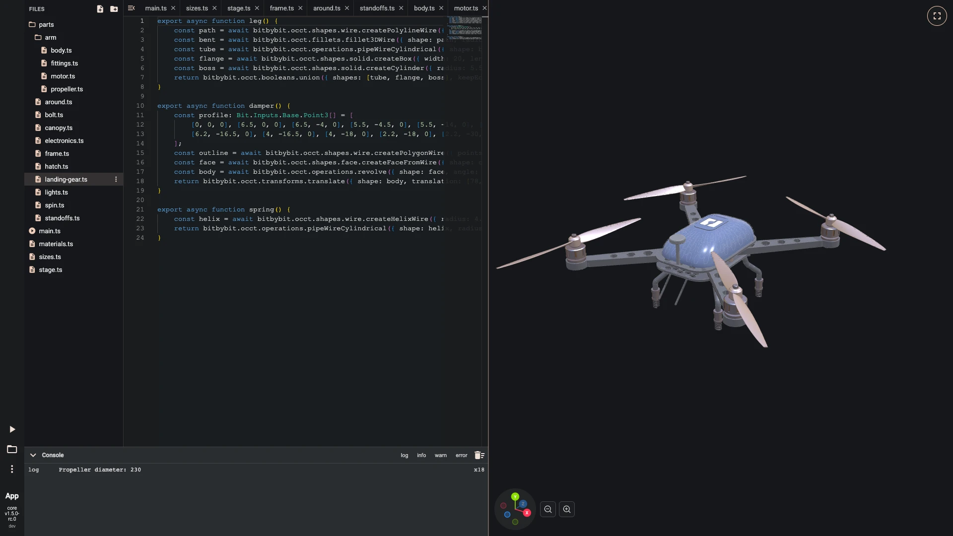 Build a drone in the TypeScript editor, landing gear: At the end of each leg a damper: an aluminium body revolved from a profile of twelve points, and a steel spring, a pipe swept along a helix.