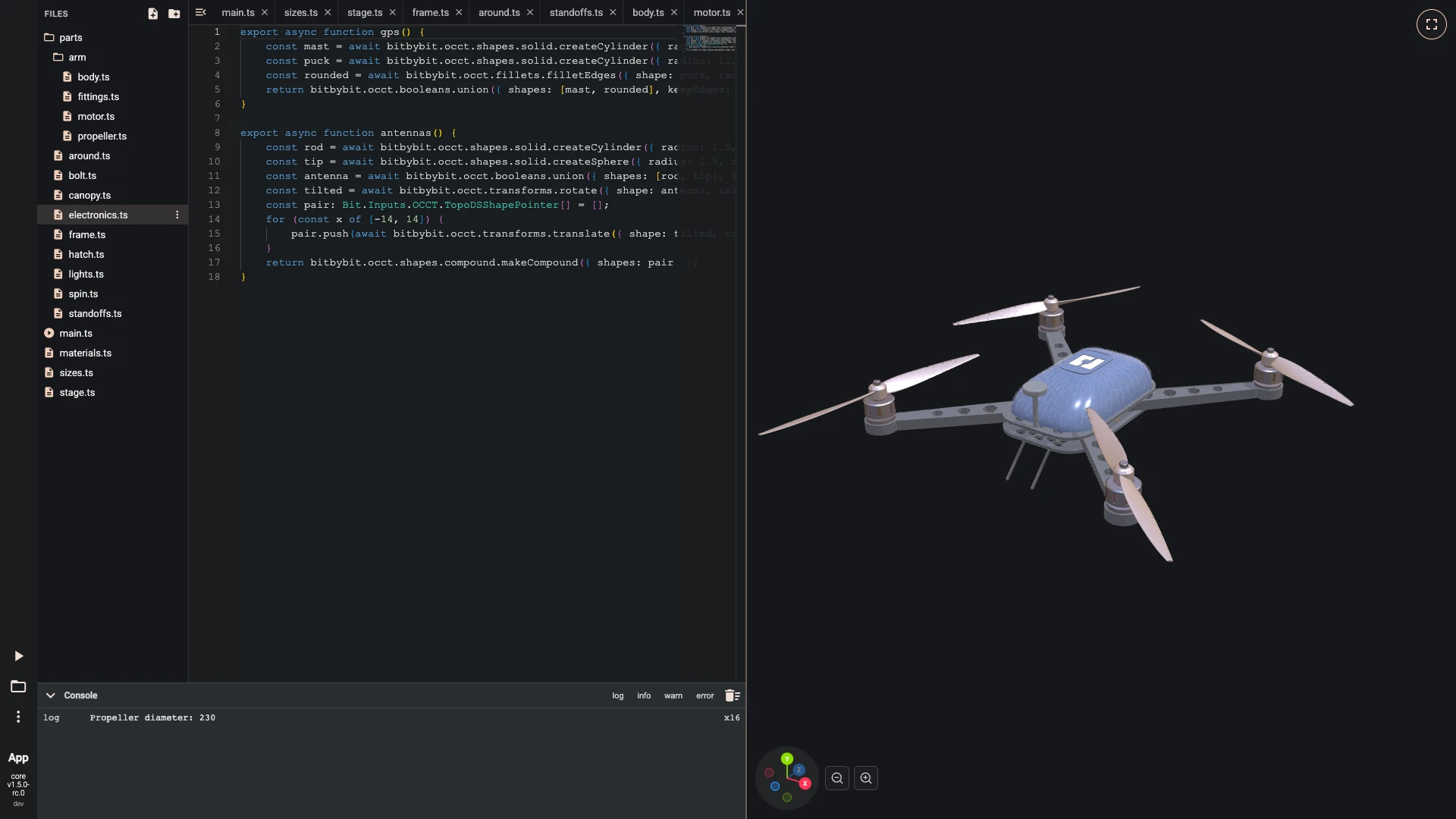 Build a drone in the TypeScript editor, canopy and electronics: The GPS stands on a mast behind the canopy, its puck's edges rounded, and two antennas angle down and back from the bottom plate.