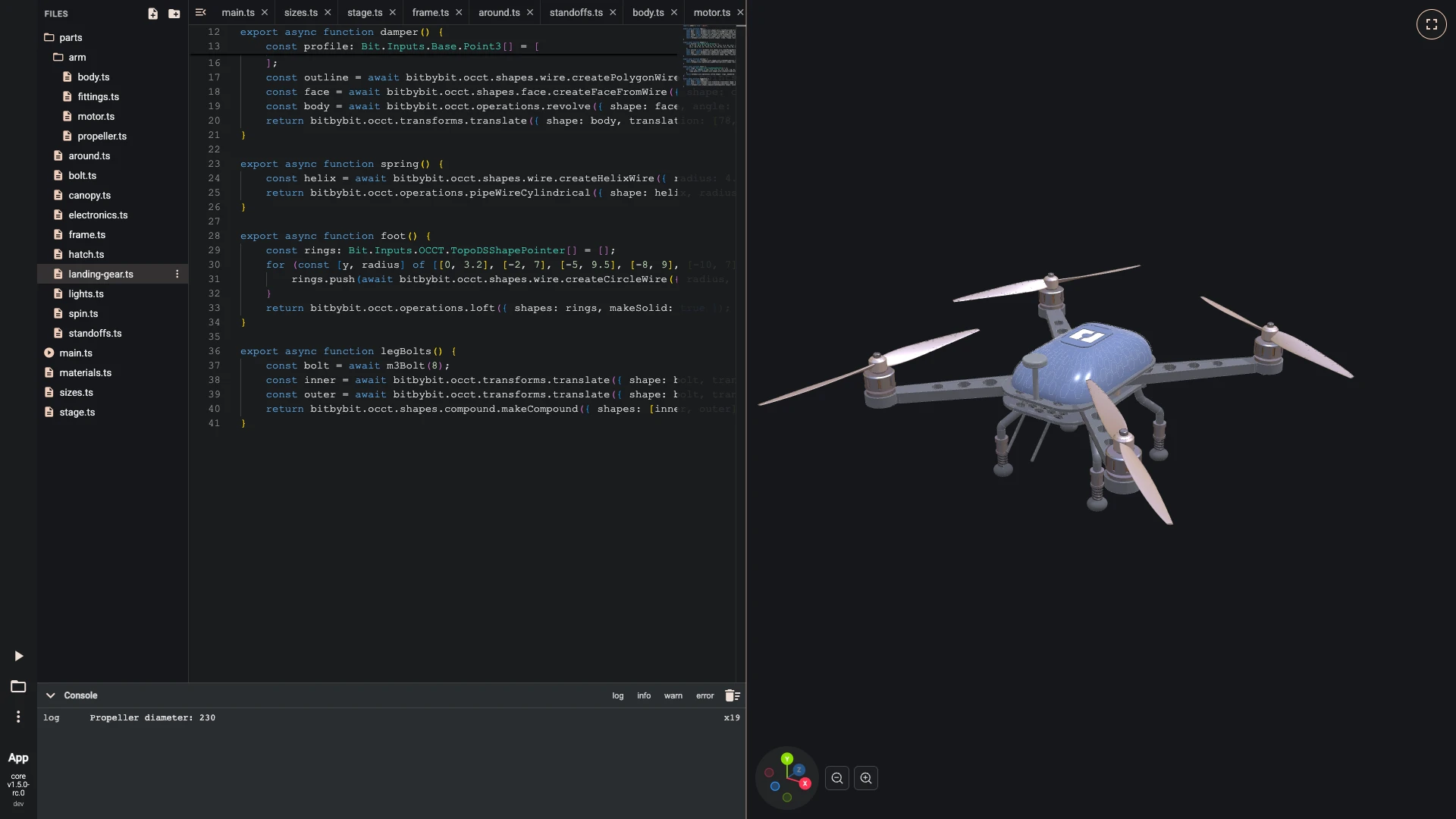 Build a drone in the TypeScript editor, landing gear: A rubber foot is lofted through five circles, and two M3 bolts fix each leg's flange to the plate.