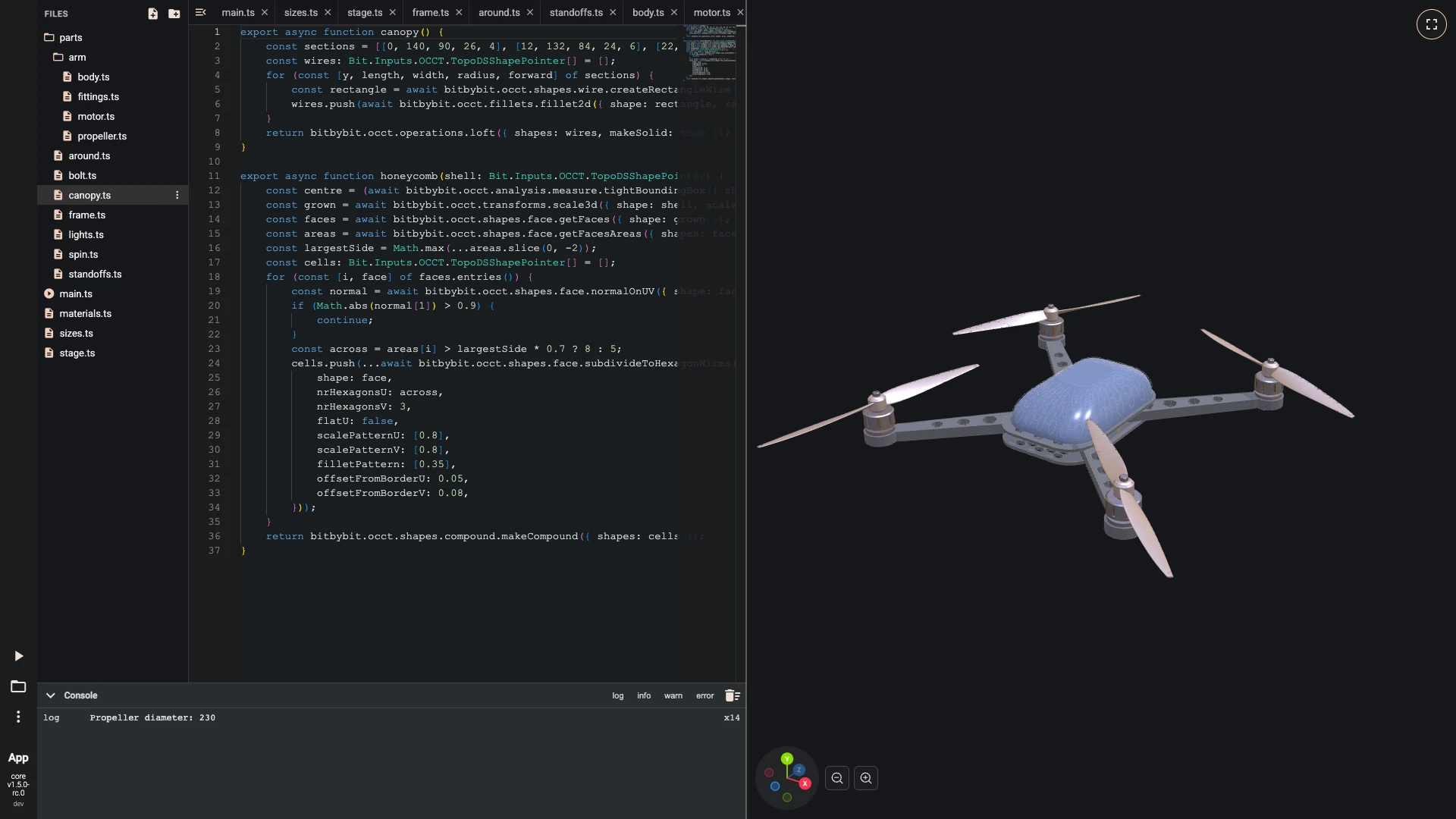 Build a drone in the TypeScript editor, canopy and electronics: A honeycomb is traced on the canopy's sides: the loft grows a little, and each side face is divided into hexagon wires, eight across the long sides and five across the short ones.