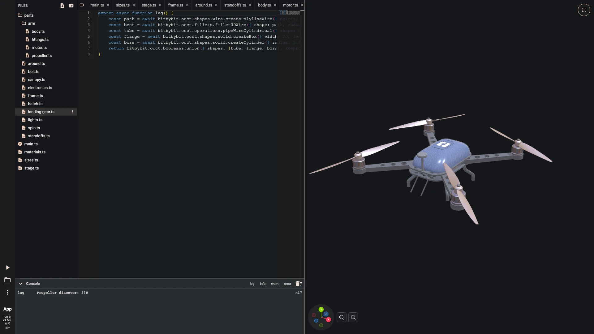 Build a drone in the TypeScript editor, landing gear: A leg is a carbon tube bent twice on its way down: a polyline whose corners are filleted, with a circle swept along it, and a flange and a boss that pass through the leg opening.