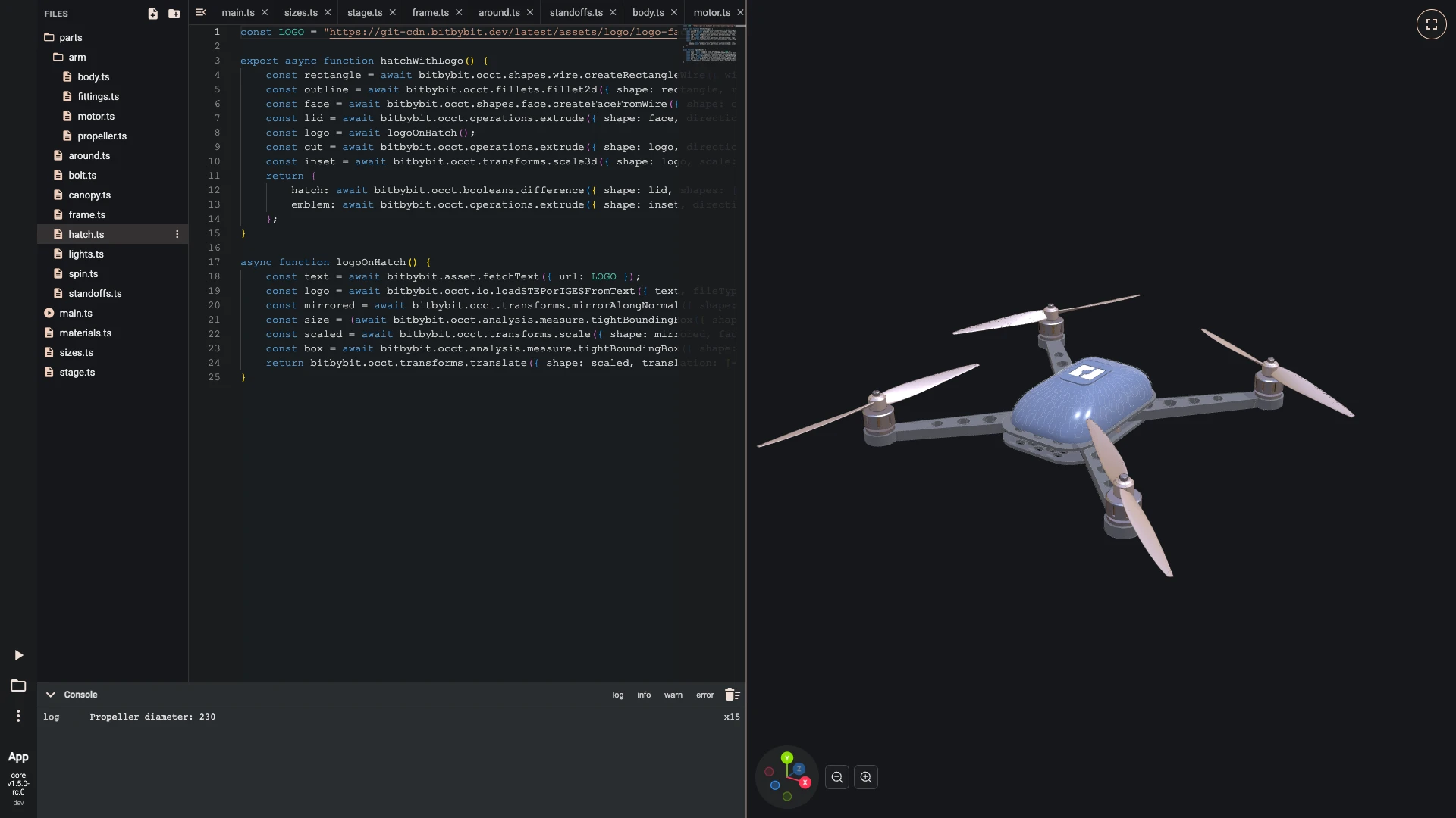 Build a drone in the TypeScript editor, canopy and electronics: A hatch closes the top, with the bitbybit logo in it.