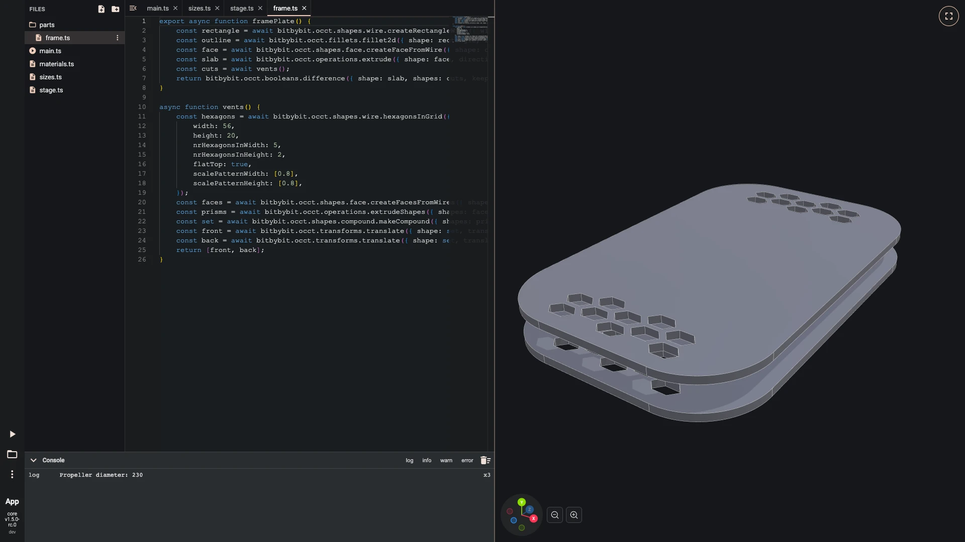 Build a drone in the TypeScript editor, sizes, stage and the frame: The frame plate is a rounded rectangle, 96 by 150 millimetres, made into a face and extruded 3 millimetres.