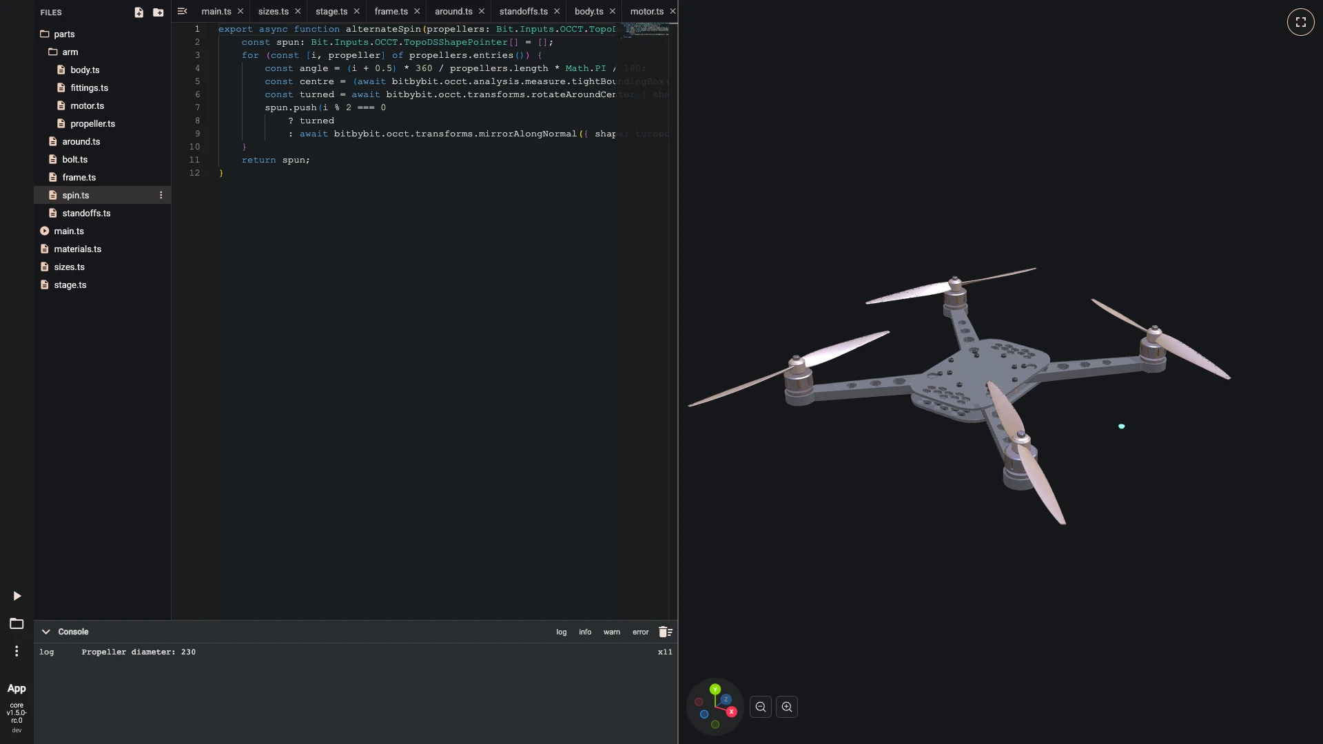 Build a drone in the TypeScript editor, arms around the frame: Neighbouring propellers turn opposite ways, so the drone does not spin.
