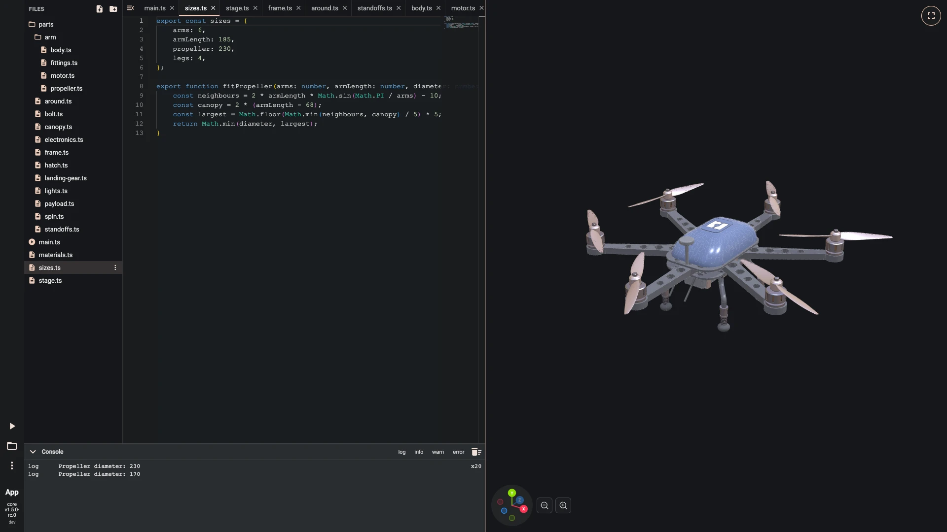 Build a drone in the TypeScript editor, payload and sizes: Change one number: with six arms the drone rebuilds, everything around repeats follows, and the propeller shrinks to fit between its neighbours.