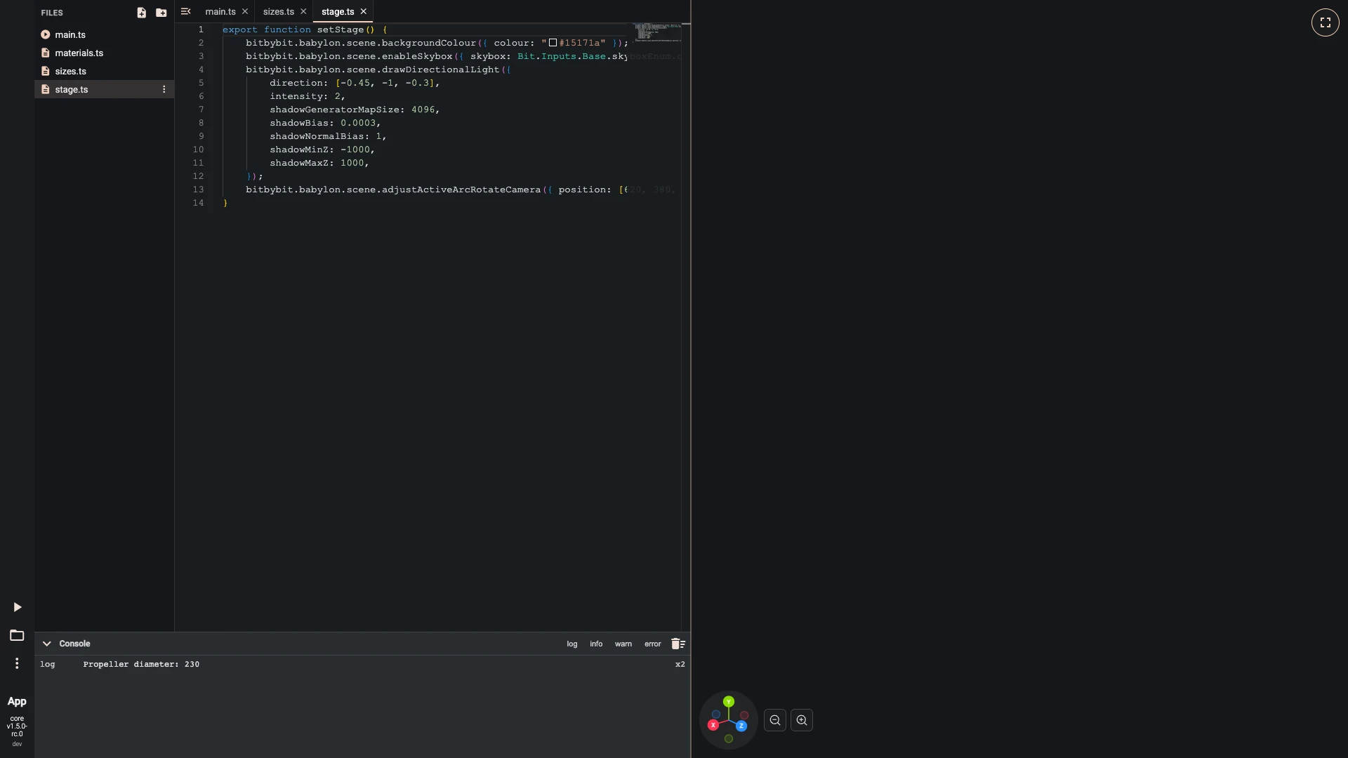 Build a drone in the TypeScript editor, sizes, stage and the frame: Set the stage before the first part: a dark background, a city environment that metal reflects with its picture hidden, a sun that casts shadows, and the camera placed outside the drone, far enough to see all of it.