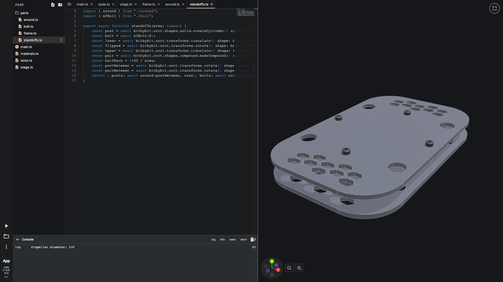 Build a drone in the TypeScript editor, around, bolts and standoffs: An M3 bolt is a profile revolved into its body, with a hexagon socket cut into its head; the standoffs, the arms and the legs all use it.