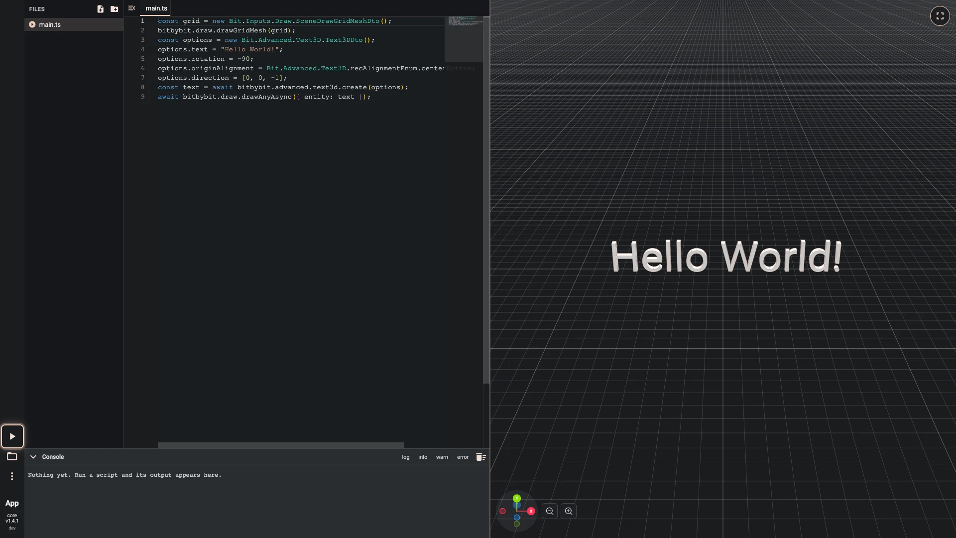 Hello World in 3D with TypeScript, step 5 in the TypeScript editor: Run The Code pressed and the result drawn in the 3D view beside the code