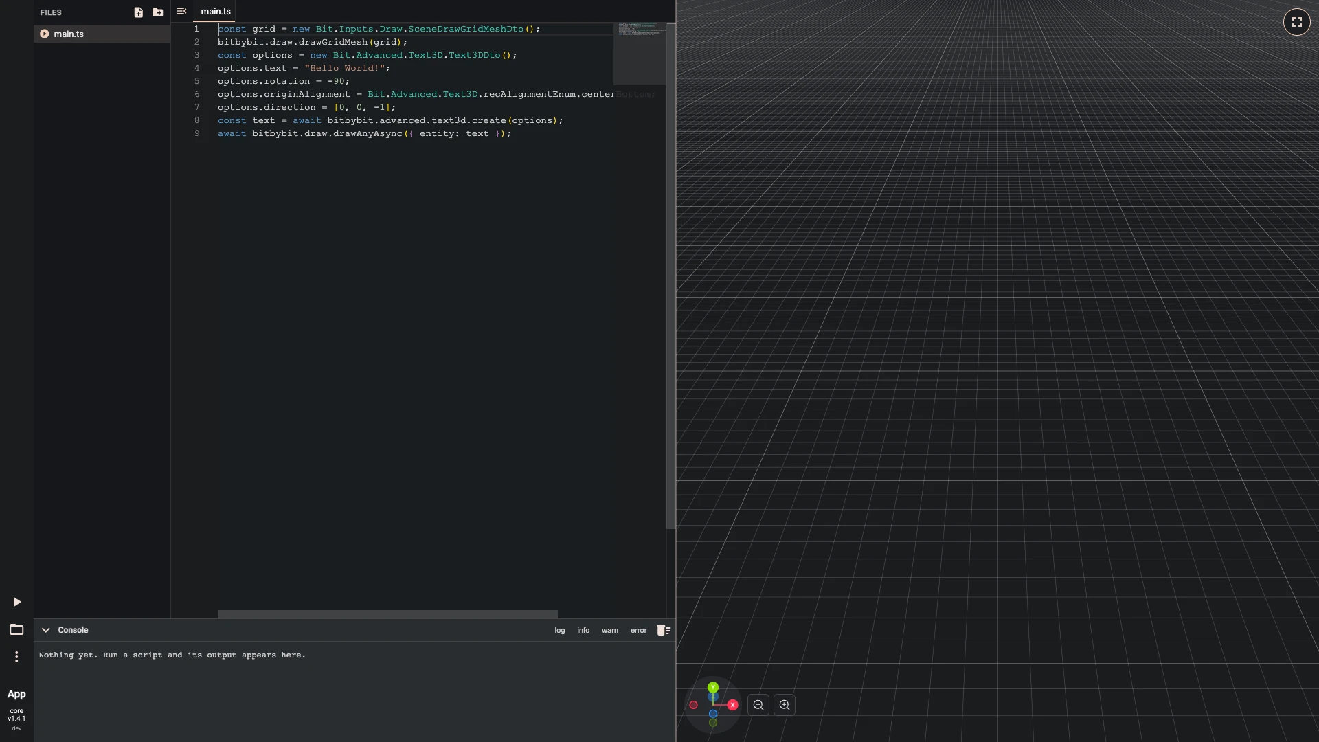 Hello World in 3D with TypeScript, step 4 in the TypeScript editor: main.ts with the lines this step adds