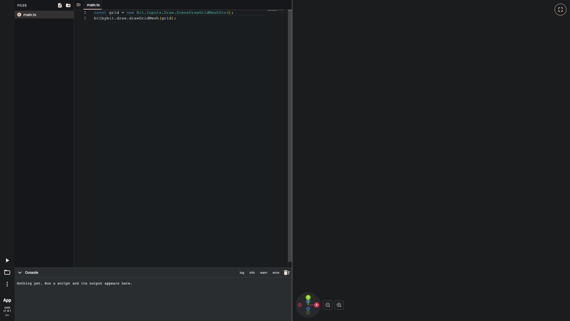 Hello World in 3D with TypeScript, step 1 in the TypeScript editor: main.ts with the lines this step adds