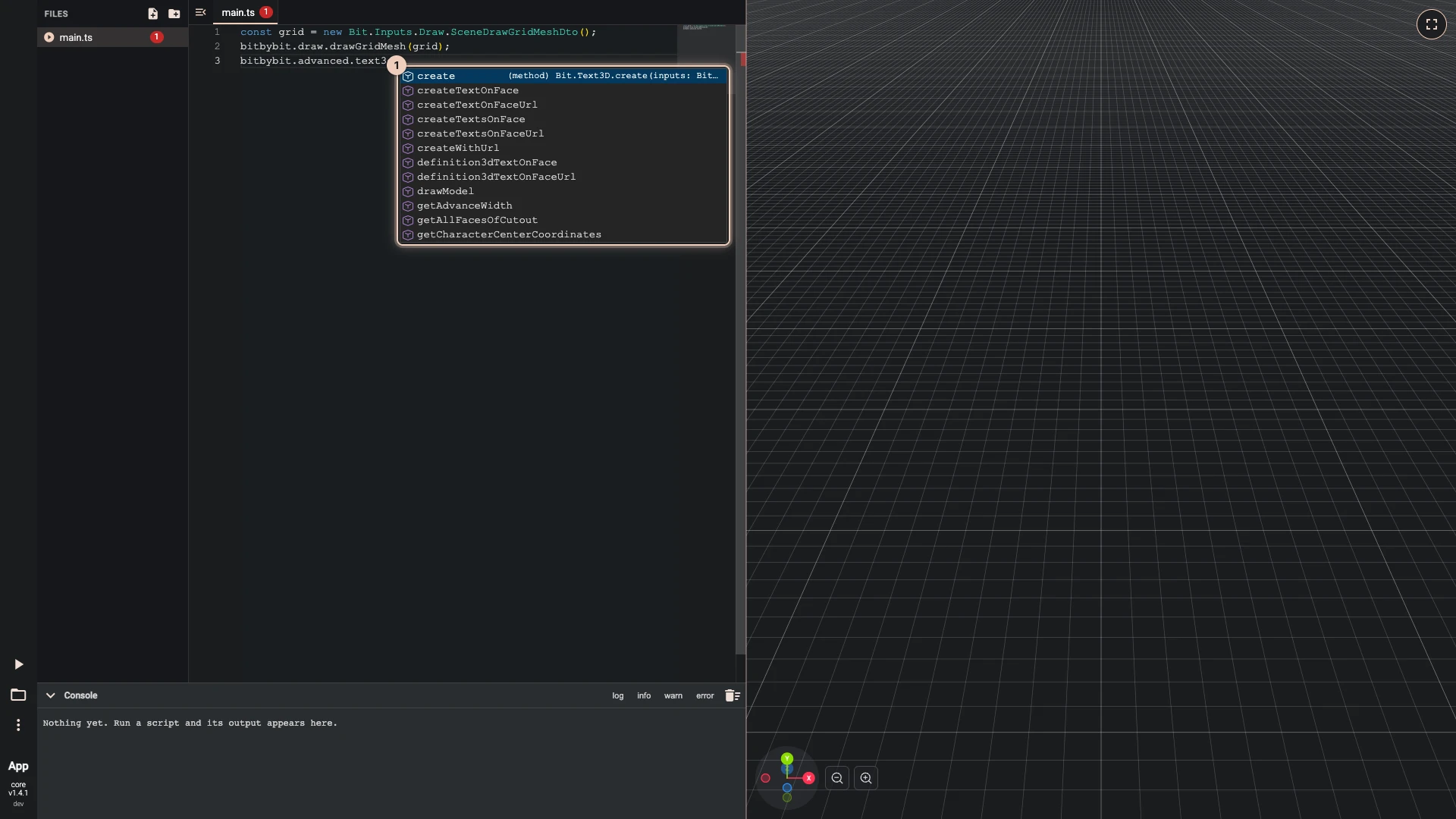 Hello World in 3D with TypeScript, step 3 in the TypeScript editor: bitbybit.advanced.text3d. typed into main.ts and IntelliSense listing what the API offers there, each entry with its description
