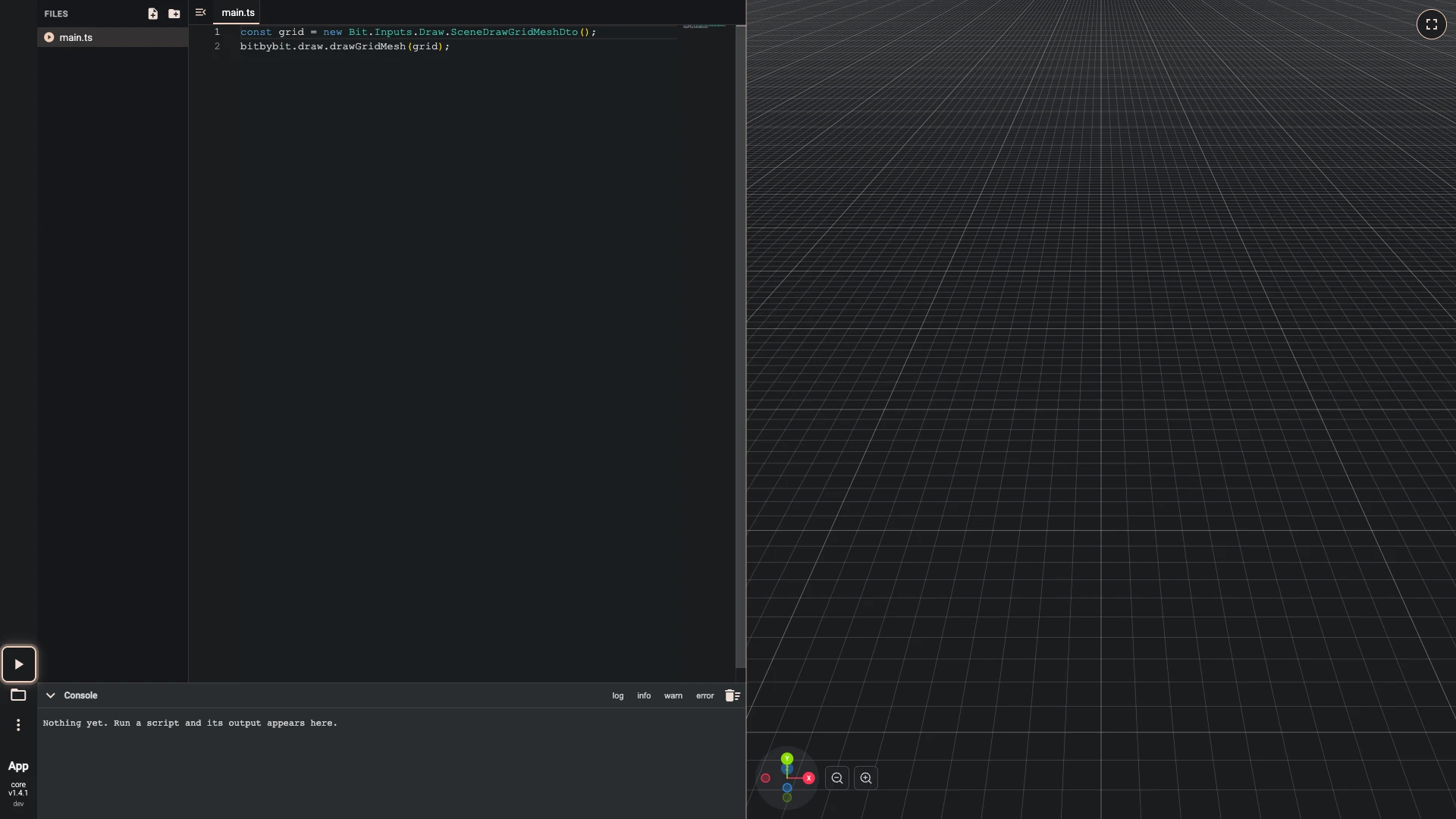 Hello World in 3D with TypeScript, step 2 in the TypeScript editor: Run The Code pressed and the result drawn in the 3D view beside the code