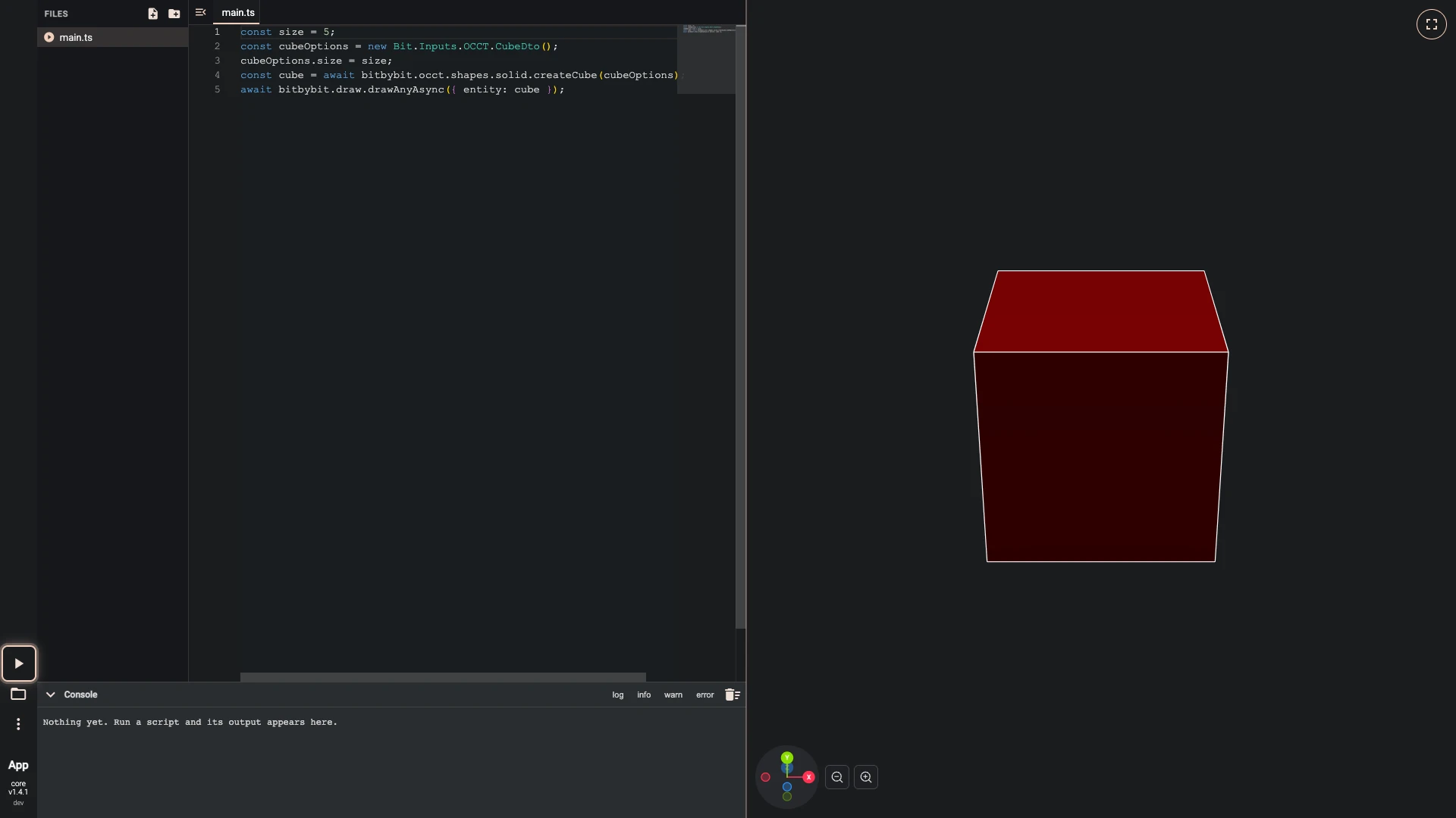 A cube one number sizes, step 6 in the TypeScript editor: Run The Code pressed and the result drawn in the 3D view beside the code