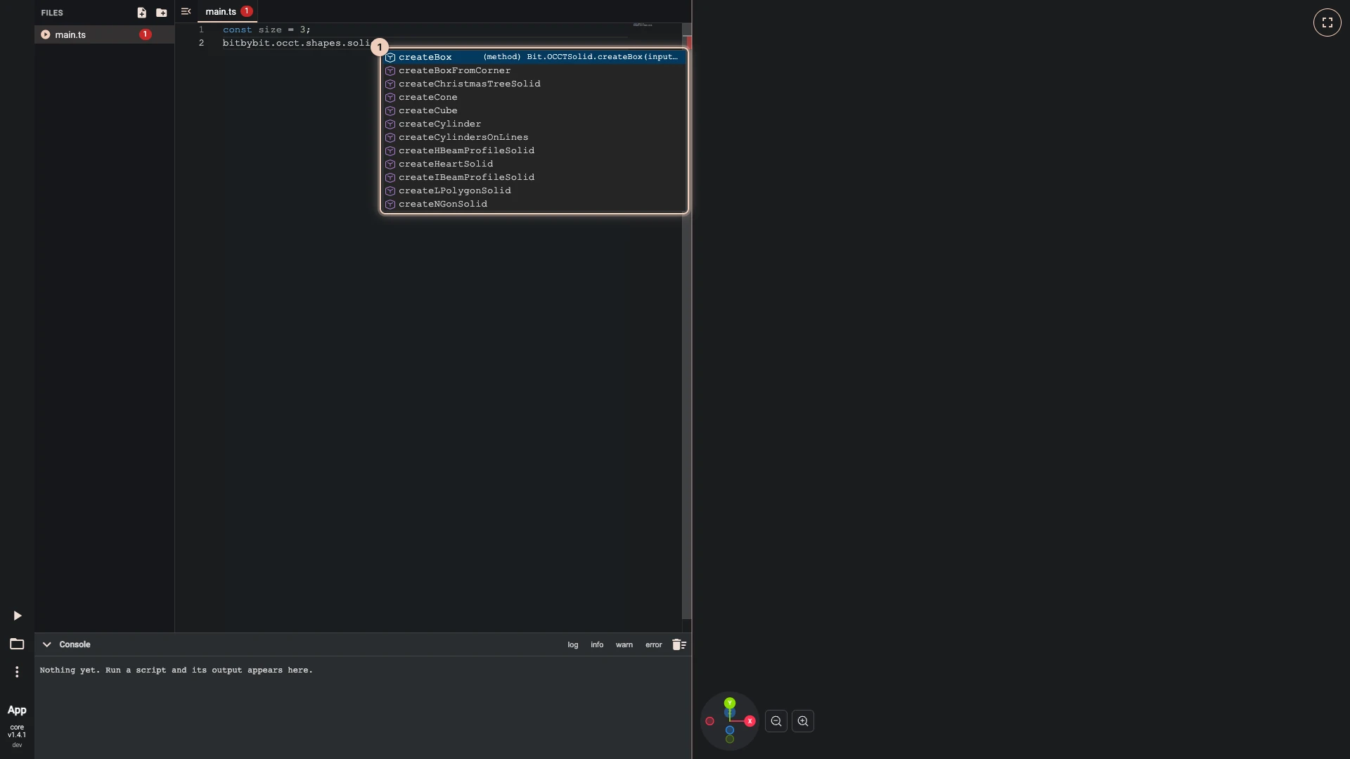 A cube one number sizes, step 2 in the TypeScript editor: bitbybit.occt.shapes.solid. typed into main.ts and IntelliSense listing what the API offers there, each entry with its description
