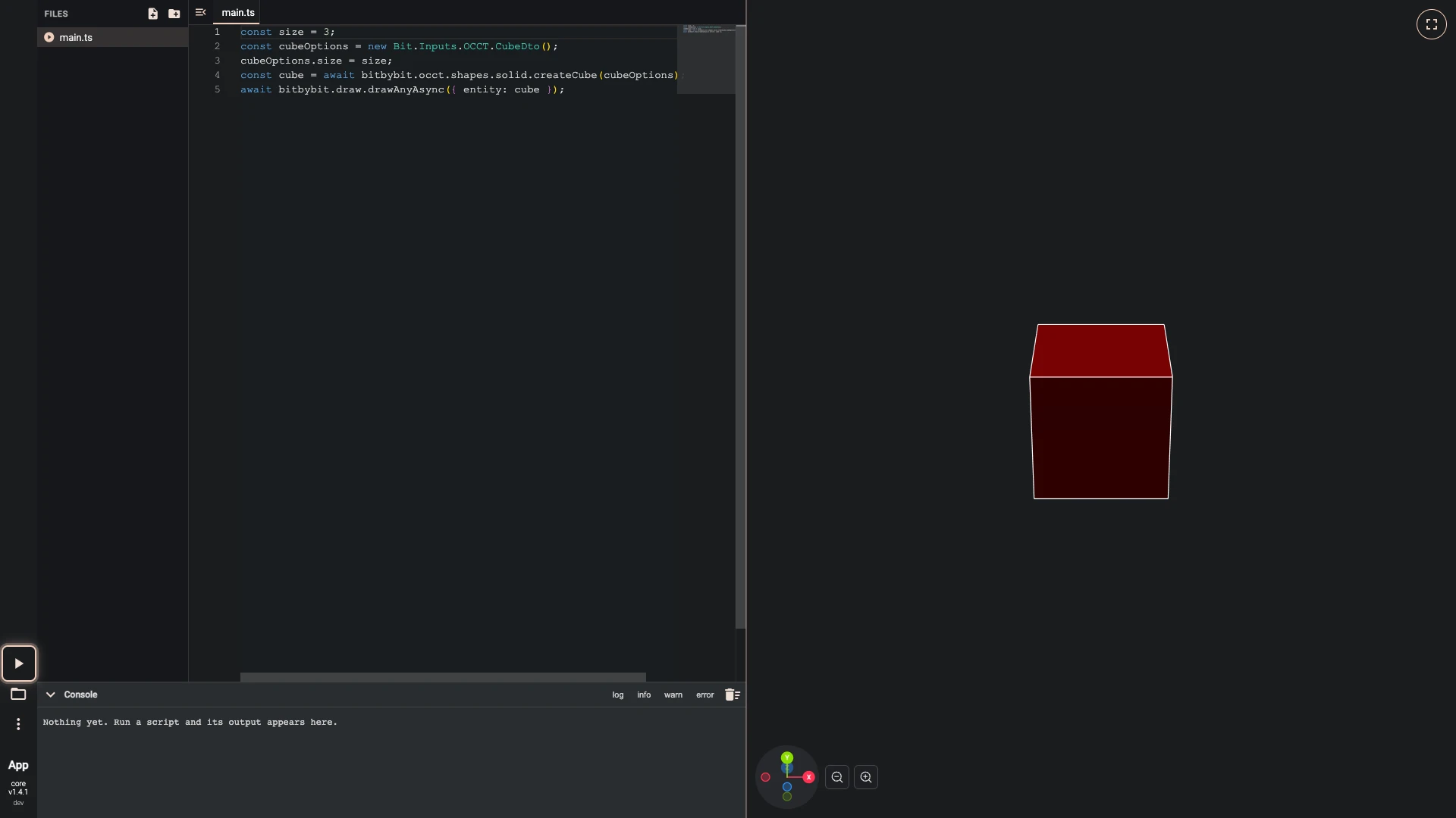 A cube one number sizes, step 4 in the TypeScript editor: Run The Code pressed and the result drawn in the 3D view beside the code