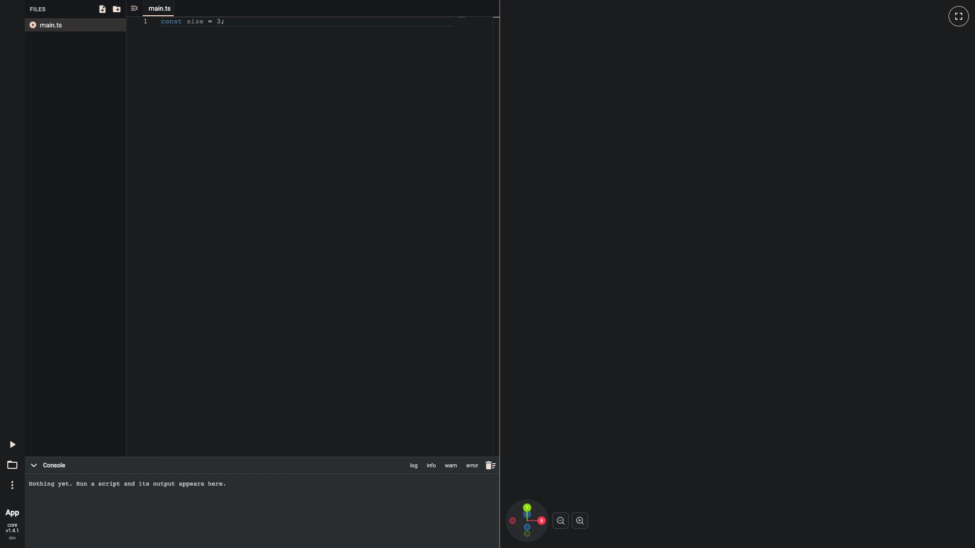 A cube one number sizes, step 1 in the TypeScript editor: main.ts with the lines this step adds