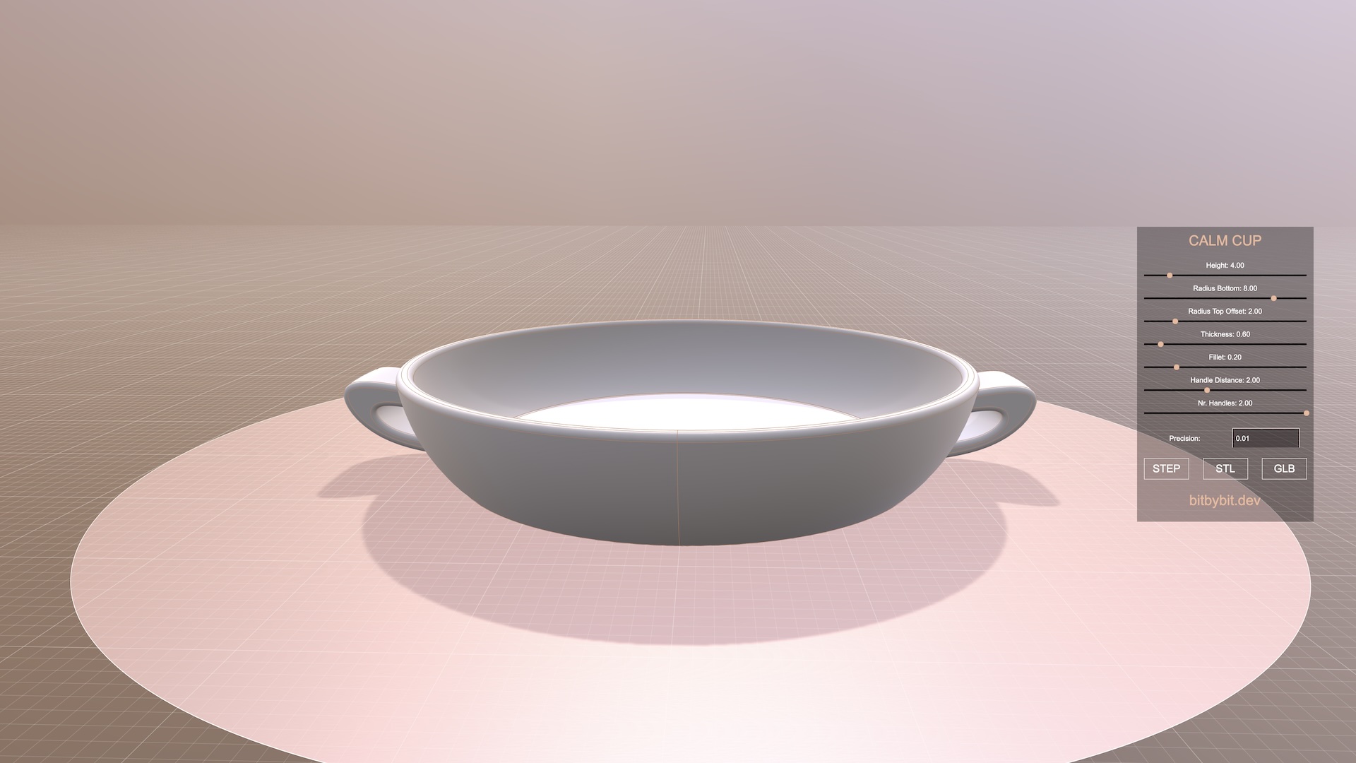 short height calm cup 3D model variant with two handles and a wide base