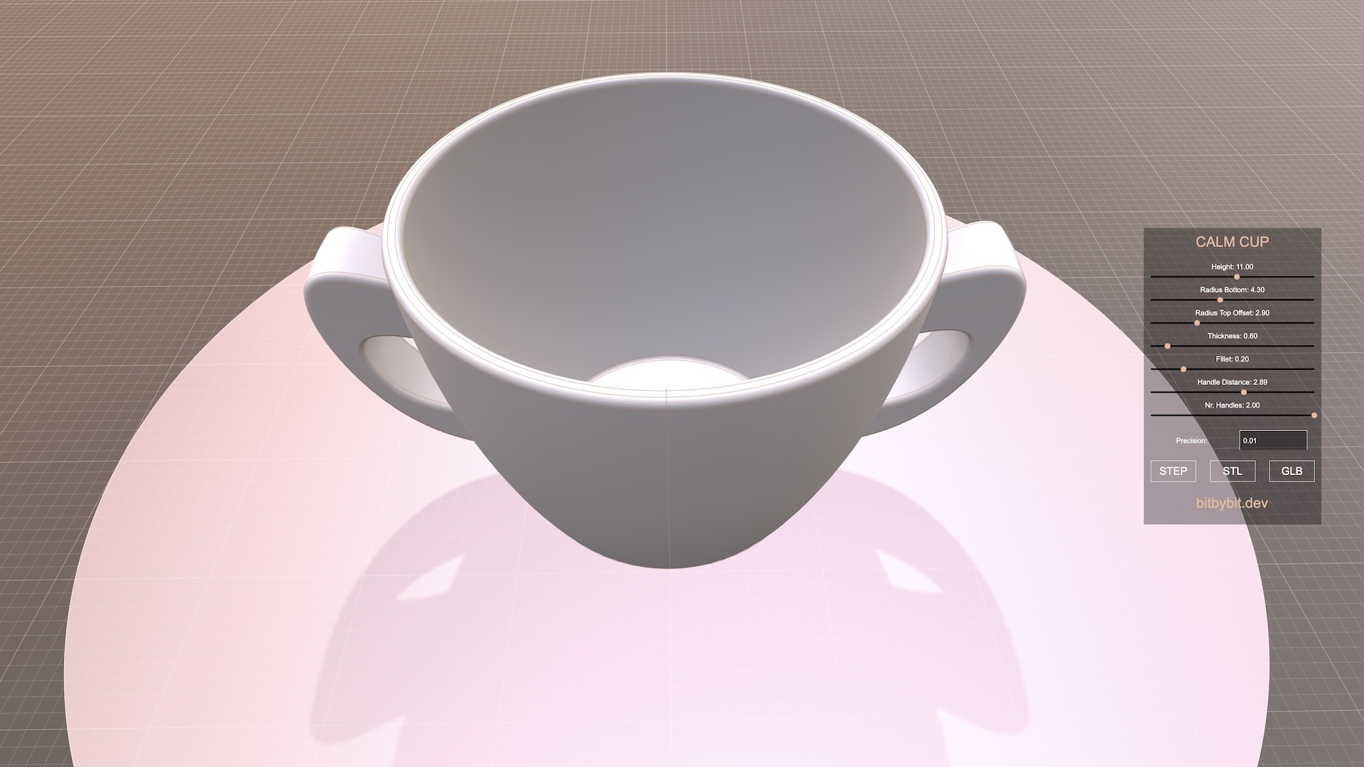 calm cup 3D model variant with two handles and widening walls towards the top